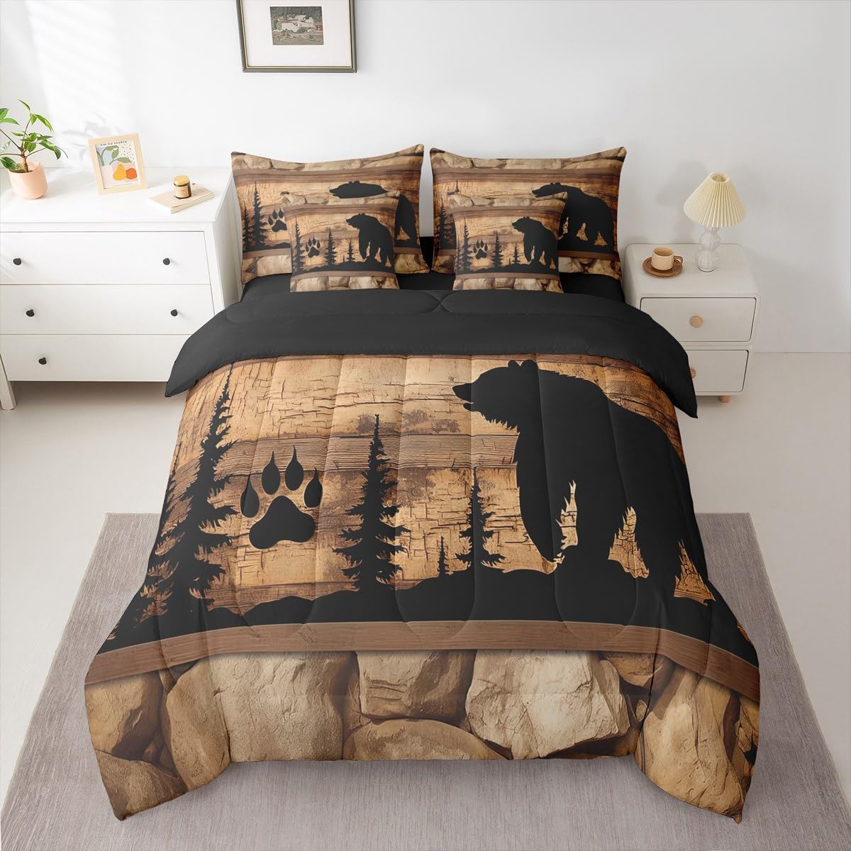 Erosebridal Black Bear Queen Comforter Set 7 Pieces,Bed in a Bag Queen,Woodland Animals Paw Print Pine Trees Bedding Set with Brown Rustic Lodge Cabin Comforter,Flat Sheet,Fitted Sheet,Pillowcasess