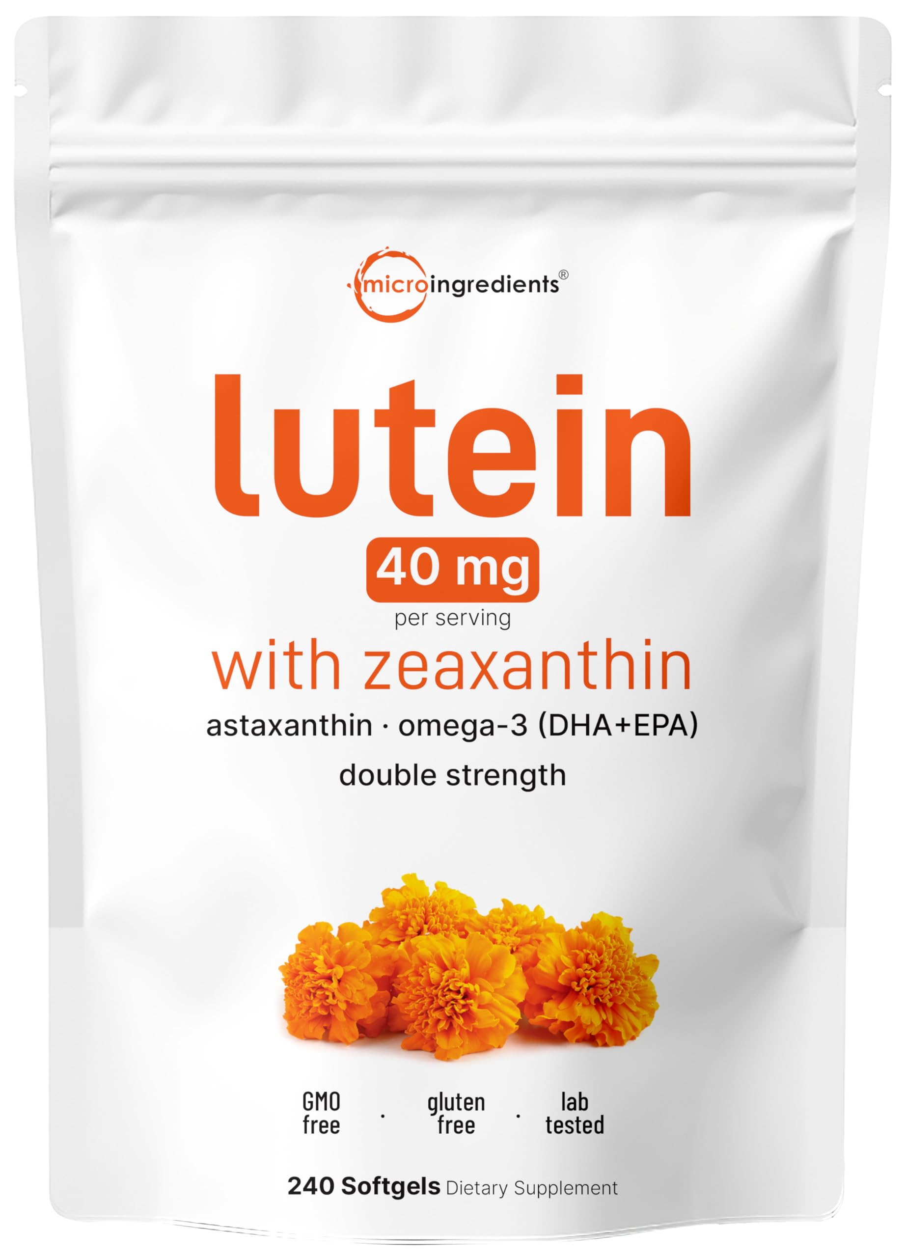 Micro Ingredients Lutein & Zeaxanthin 40mg Softgels, 240 Count, with Astaxanthin, Omega-3s, & Phospholipids | Eye + Vision Health Vitamins | Third Party Tested, Non-GMO, Gluten Free