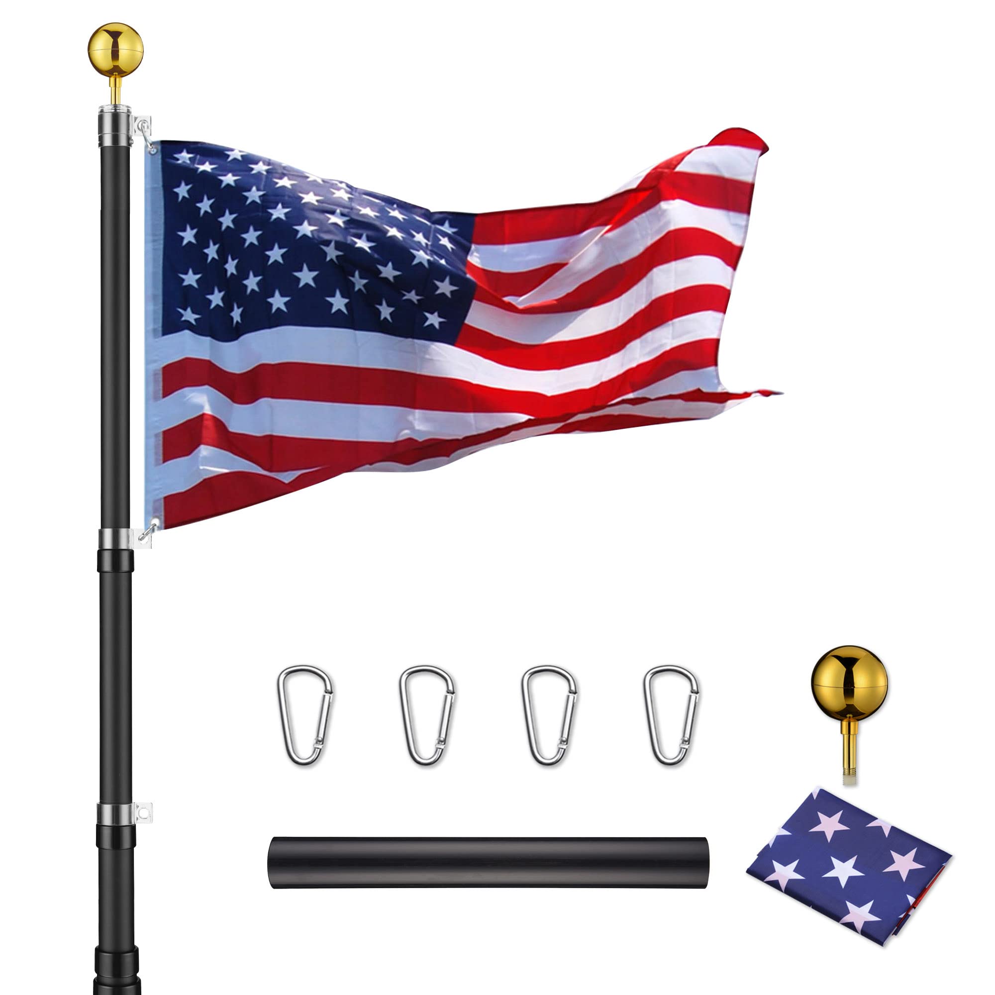 Yeshom Black Upgraded 30 ft Telescopic Heavy Duty Aluminum Flag Pole Kit Fly 2 Flags 3'x5' US Flag & Ball Top Flagpole for Commercial Residential Outdoor