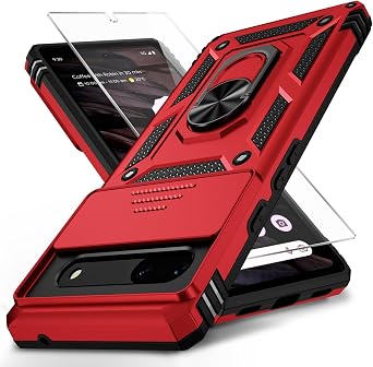 for Google Pixel 6A Case with Camera Lens Cover HD Screen Protector, 10 FT Military Grade Drop Protection, Magnetic Ring Holder Kickstand Protective Phone Case,Red