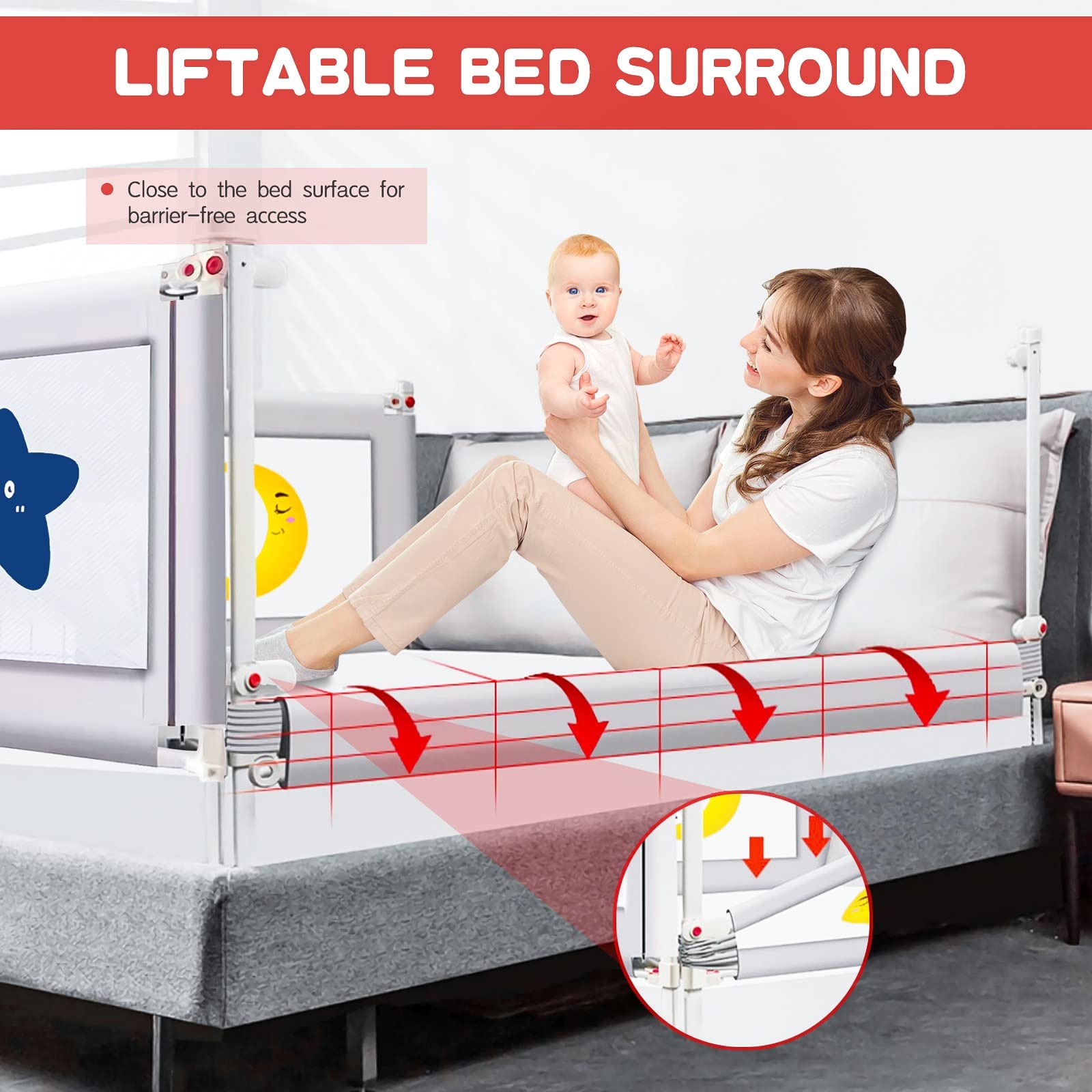 Sponda Letto Bambini, Barriera Anticaduta per Bambini, Stabile Parapetto per Letto Per Bambini, Sponda per Lettino Portatile Portatile con Sponda Regolabile in Altezza, 180CM