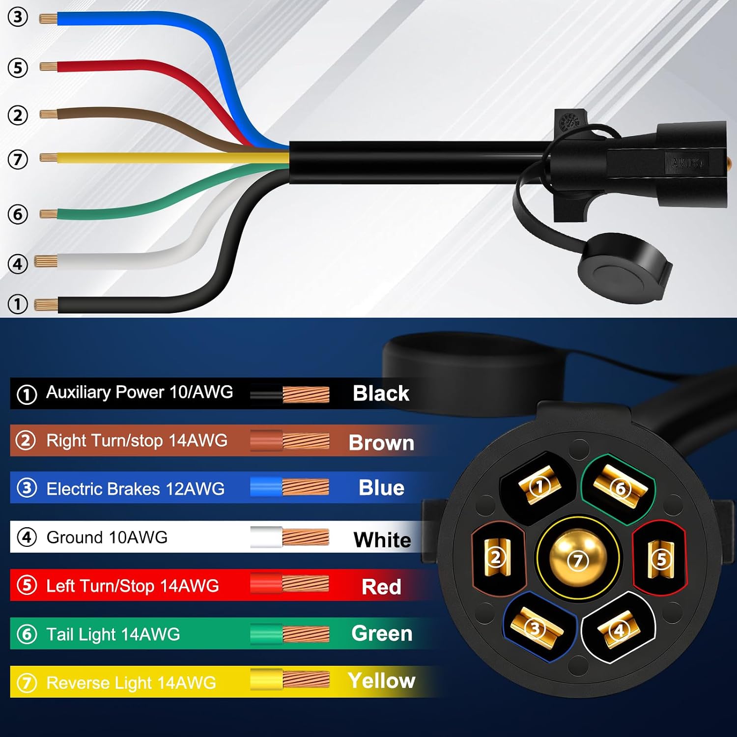 8 Ft Heavy Duty 7 Way Trailer Cord Pure Copper 7 Way Trailer Plug Inline Cord 96" 7 Pin Trailer Wiring Harness Double Blade Molded 7 Pin Round Plug for Rvs Camper