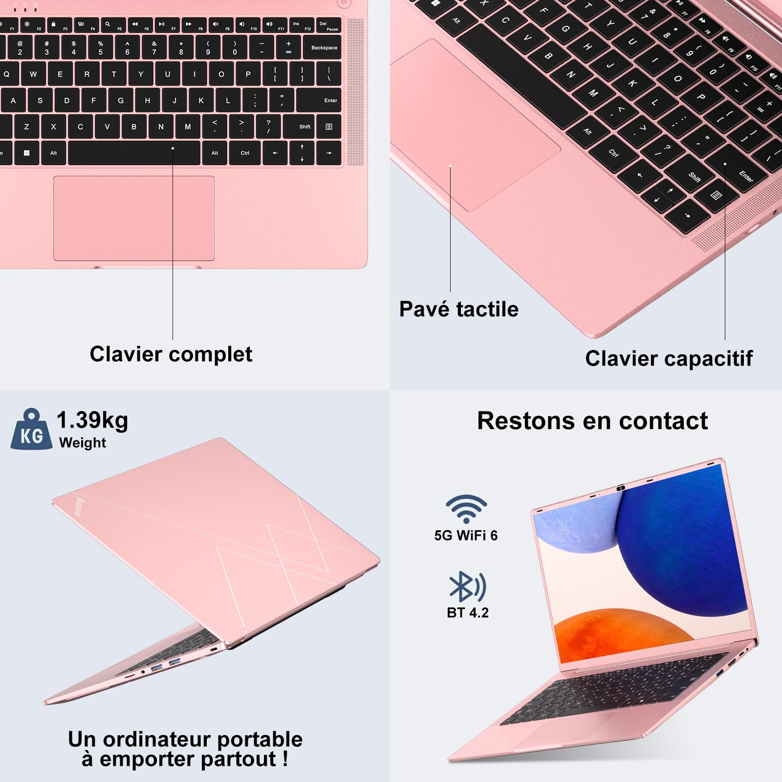 Ordinateur Portable 14 Pouces Celeron N5095 (jusqu'à 2,9 GHz) 8Go DDR4 Win11 256Go SSD Extension 1To 5G WiFi HDMl FHD PC Portable avec Souris sans Fil qwerty Clavier AZERTY Membrane du Clavier - Or-1