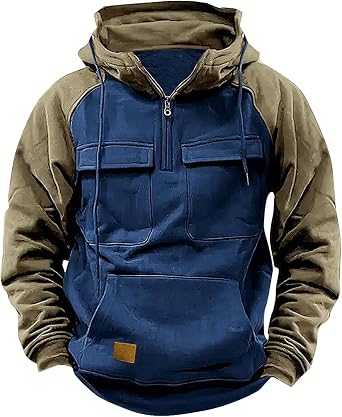 Mens Big and Tall Hoodies Casual Long Sleeve Multi Pockets Cargo Quarter Zip Pullover Sweatshirt Drawstring Shirt