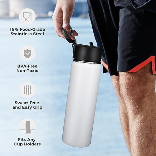 Miniatura 39 de Neihepal Botella de agua aislada de 22 onzas con tapa con popote, botellas de agua de acero inoxidable al vacío de doble pared a prueba de fugas,