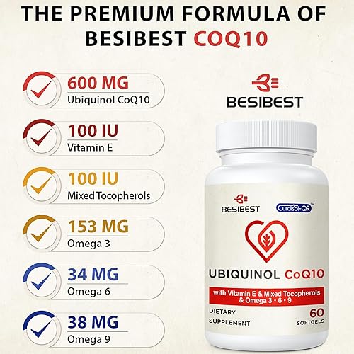 Miniatura 6 de Ubiquinol CoQ10-600mg-Softgel, forma activa de suplemento de ubiquinol Coq10 con vitamina E y Omega 3, 6, 9, alta absorción, coenzima-Q10, potente