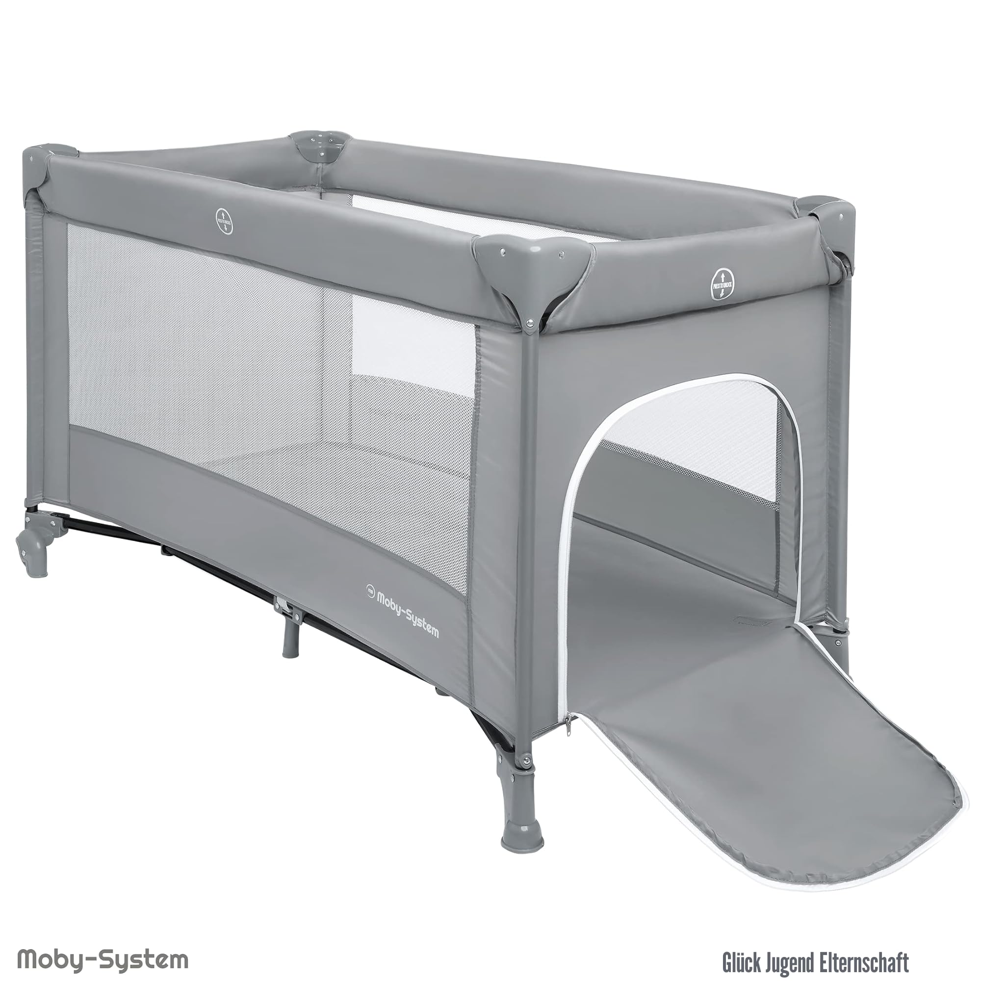 Moby-System Baby Reisebett 128x68 cm – faltbares Kinderreisebett mit Matratze & Tragetasche – Laufstall mit Seitenausgang – für Babys bis 15 kg - Grau
