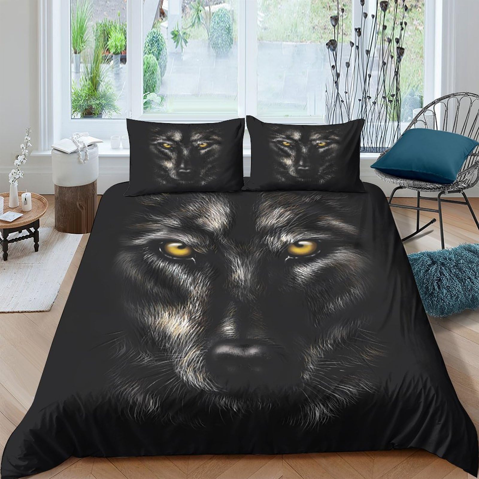 GPLZQXKJNH 3D Printed Black Wolf Duvet Cover Microfiber Breathable Bedding Set with 2 Pillowcases for Bedroom Decor Single（135x200cm）