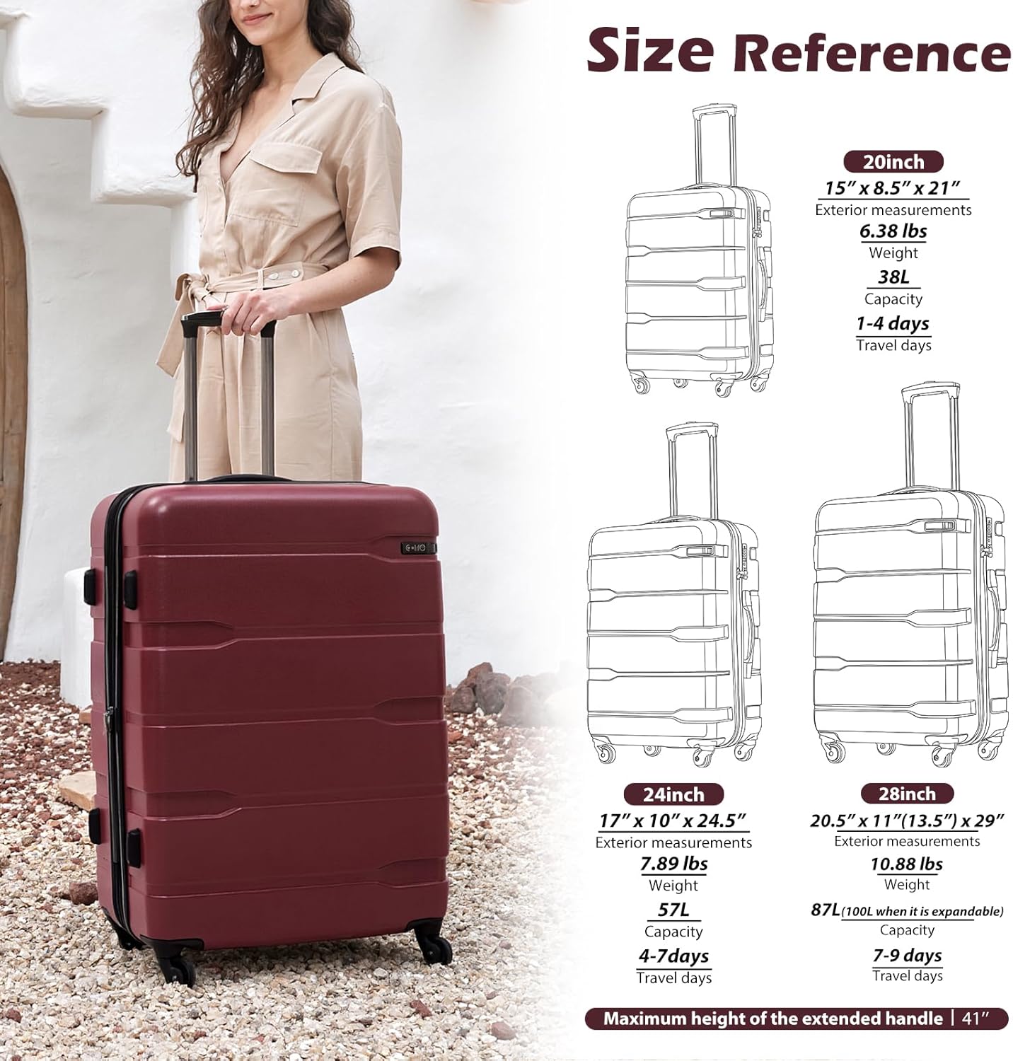 Coolife Luggage Set 3 Piece Hardside PC+ABS Suitcase with TSA Lock, Expandable Large Checked Luggage, Lightweight Rolling Carry On with Spinner Wheels(20/24/28 Inch, Radiant Pink) - Image 8