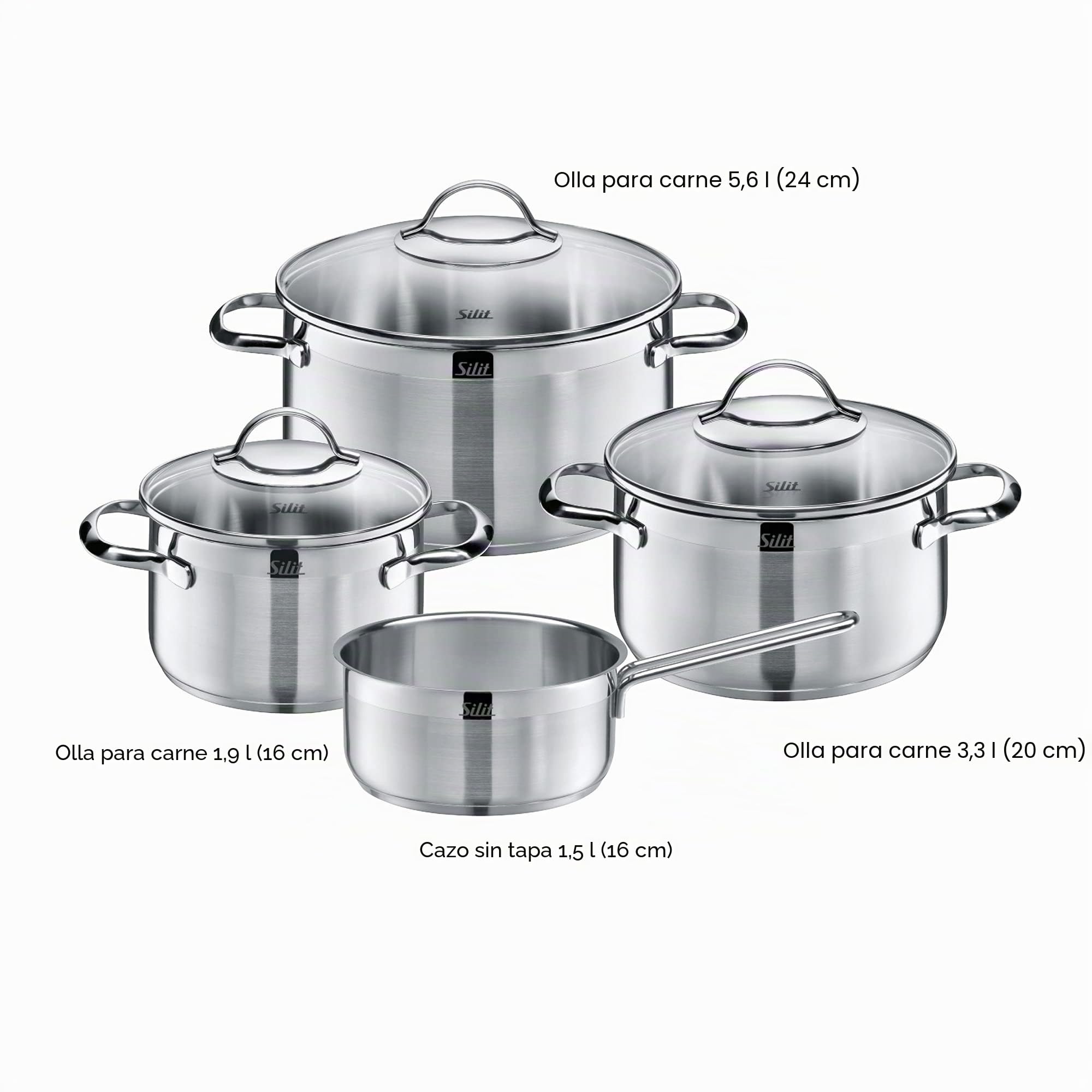 Silit Achat - Batería de Cocina 4 Piezas, Acero Inoxidable Apto para Inducción, 3 Cacerolas Altas de 16 cm, 20 cm y 24 cm, 1 cazo de 16 cm con 3 Tapas de Cristal
