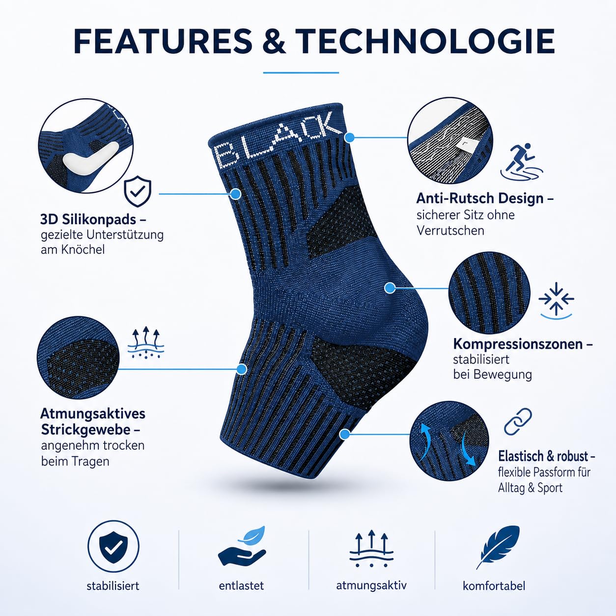 BLACKROX SPRUNGGELENKBANDAGE ANANKLE – Knöchelbandage für Damen & Herren – Fußbandage zur Stabilisierung beim Sport, Fußball, Joggen & Training – Blau/Gr. M