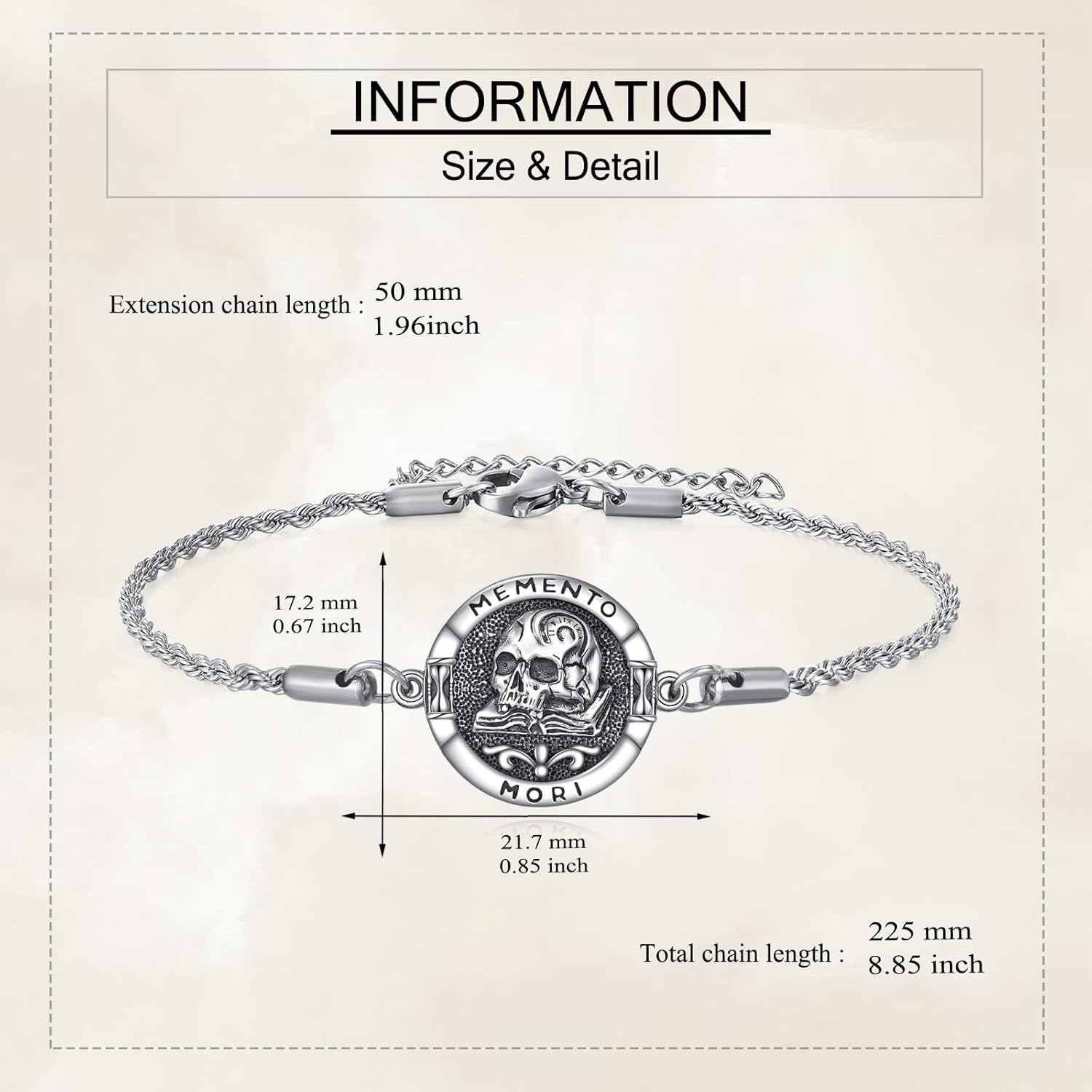 URONE Memento Mori Bracelet 925 Sterling Silver Memento Mori Bracelet Skull Stoic Jewelry For Women Men