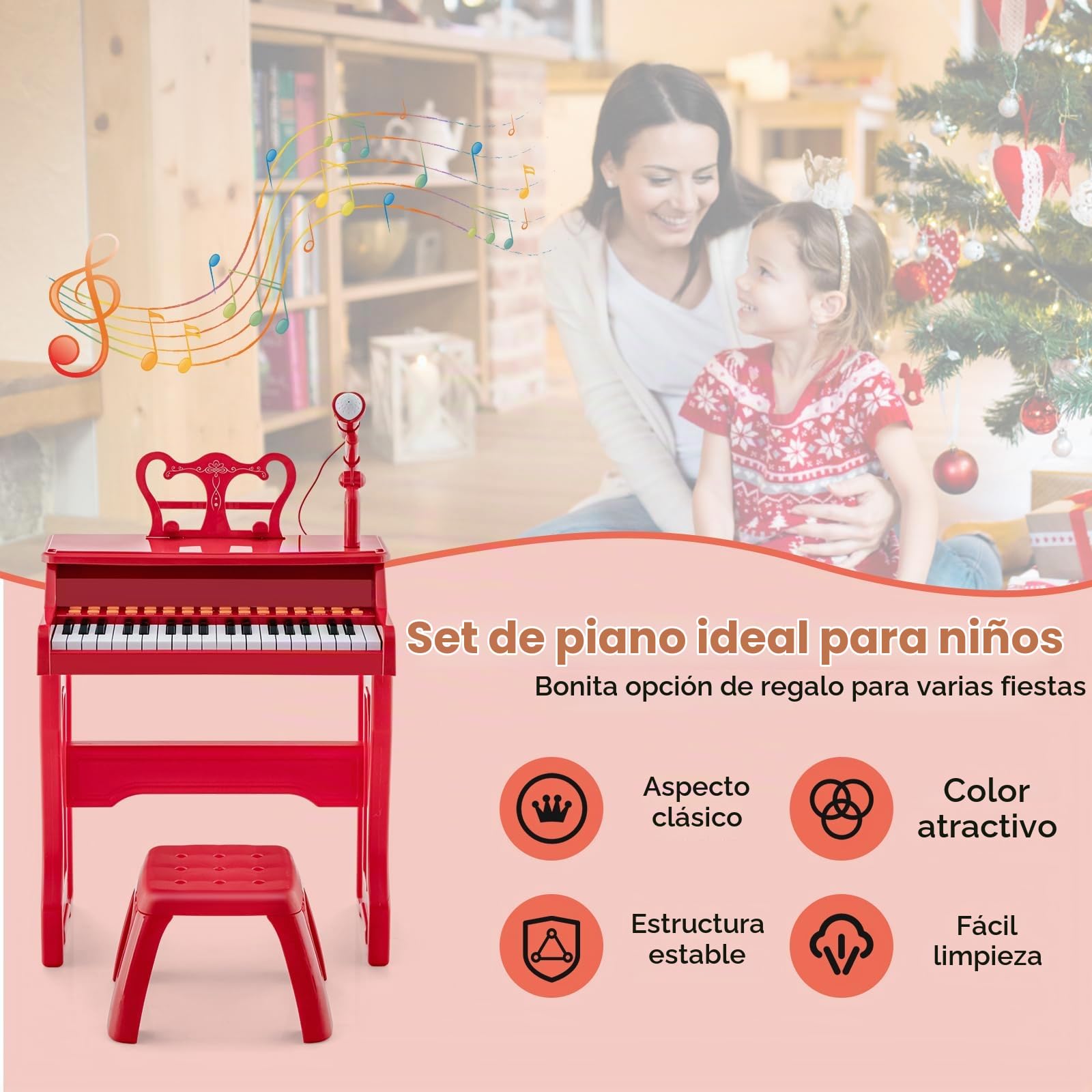 KOMFOTTEU Juego de Piano Infantil de 37 Teclas, Piano Electrónico con Atril Ajustable y Micrófono, Piano Teclado de Piano con Taburete, Teclado para Niños a Partir de 3 Años (Rojo)
