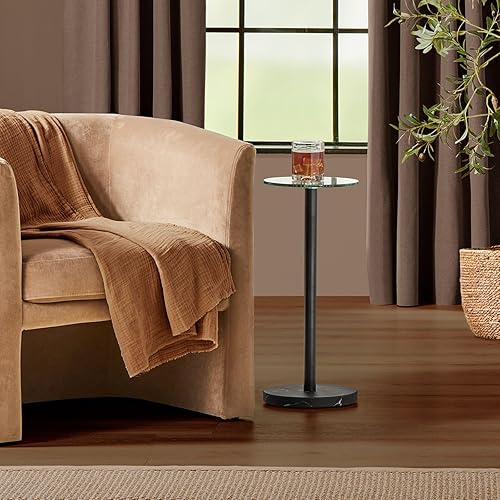 mDesign Mesa de noche lateral o extremo superior de cristal, pequeña y moderna mesita de noche de metal con acento redondo para sala de estar,