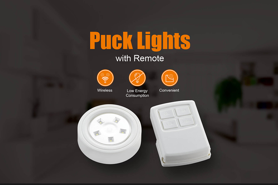 Image of Puck Lights with Remote, LED Under Cabinet Lights with Auto Timer, Battery Operated Dimmable Under Counter Light for Closet, Kitchen, Under Counter, Hallway, Stairs. 4 Pack(Oakwood)