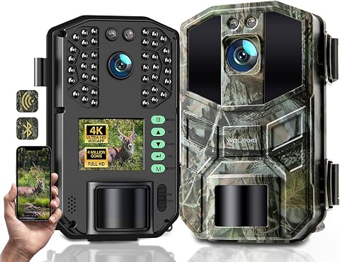 WOLFANG Cámara de Caza WiFi 4K 64MP, Camara Fototrampeo con 0.1s Velocidad de Disparo, Visión Nocturna, Diseño de Temporizadorn, IP66 para Vida Silvestre y Monitoreo de Seguridad