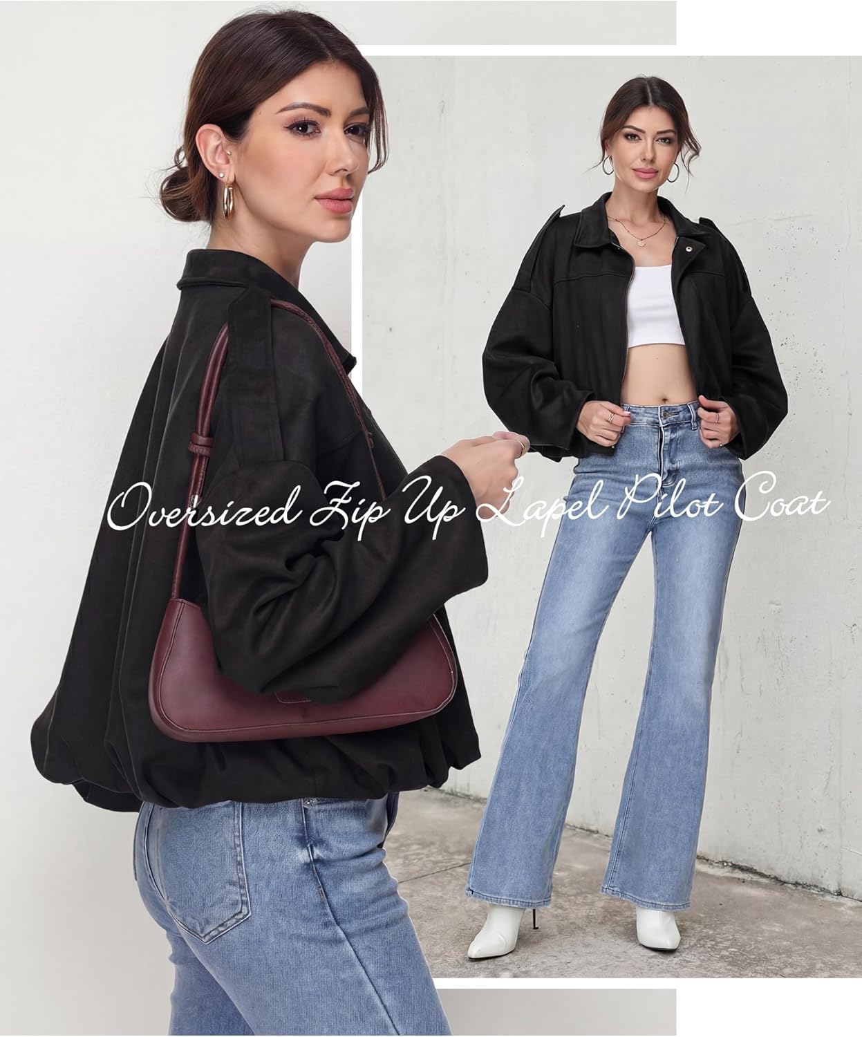 Cuffbow Women Faux Suede Bomber Jacket Oversized Zip Up Lapel Pilot Coat Cropped Casual Cropped 2025 Trendy Streetwear Outfit - Image 5