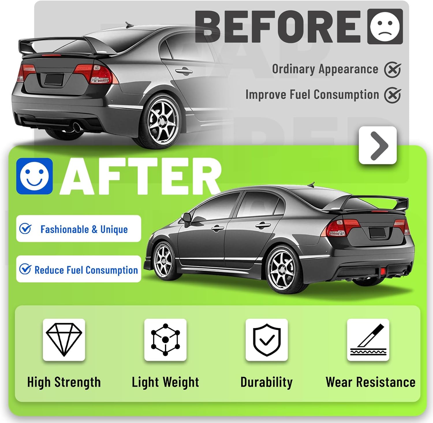 Rear Bumper Diffuser Compatible with 2006-2011 Honda Civic 4 Door Sedan Rear Lower Bumper Lip Splitter Valance with LED Brake Light Bumper Spoiler Carbon Fiber Color