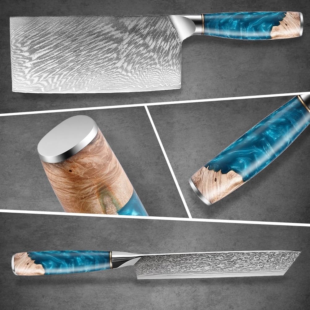 Meat Cleaver, 7.5 Inch Damascus Kitchen Chinese Cleaver Professional Chopping Chopper Knives Solid Wood & Resin Handle For Meat And Vegetable