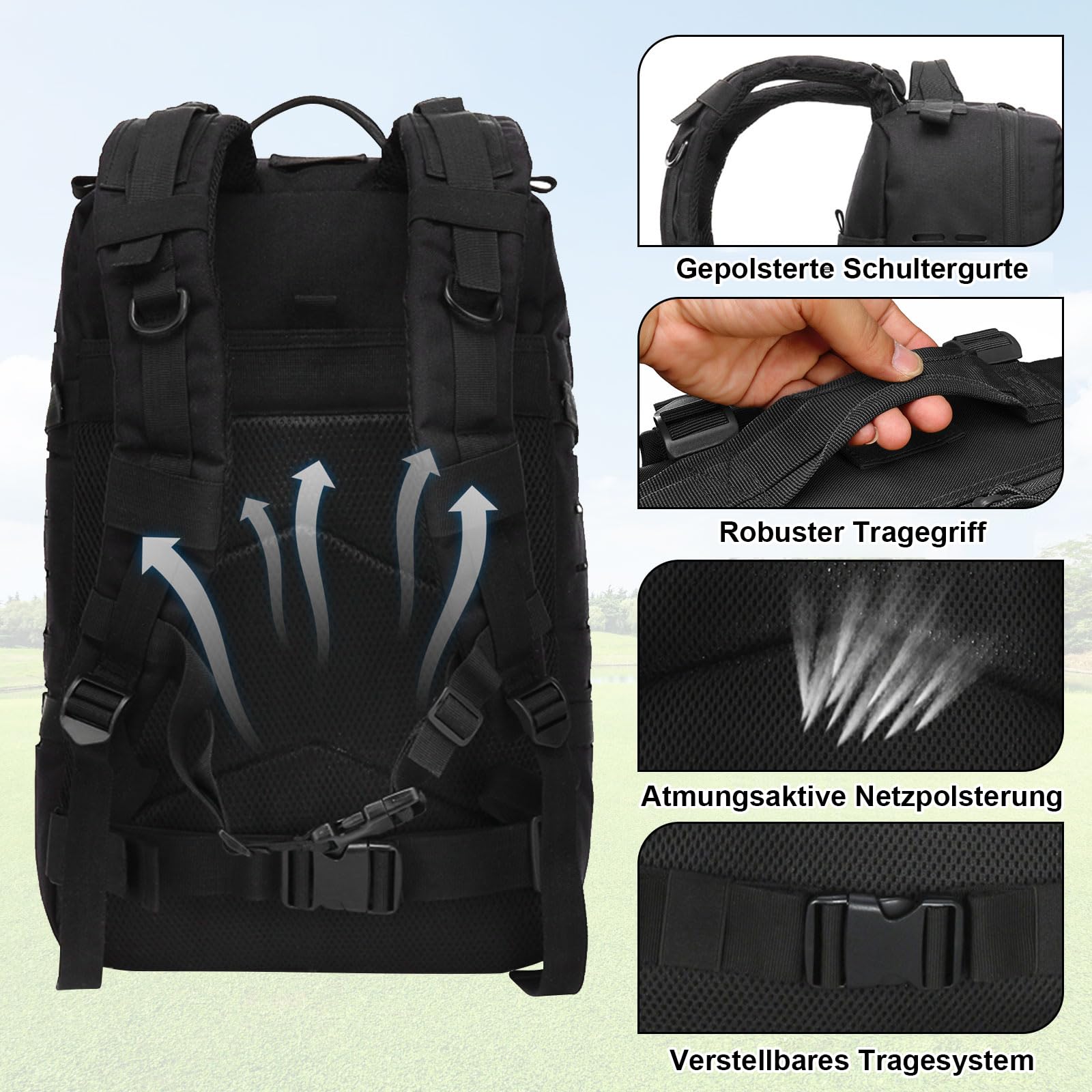 SHANNA Trekkingrucksack, Wanderrucksäcke Militärrucksack 45L Armee Rucksack MOLLE Assault Pack Taktischer Kampfrucksack für Outdoor Wandern Camping Trekking Angeln Jagd