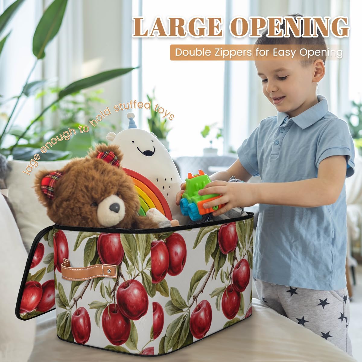 Storage Bin Set of 2 Fresh Apples Storage Basket with Zipper Lid & Handle Foldable Closet Shelf 2 Pack Cloth Organizer Basket Cube Bins Clothes Organizer for Bedroom, Nursery