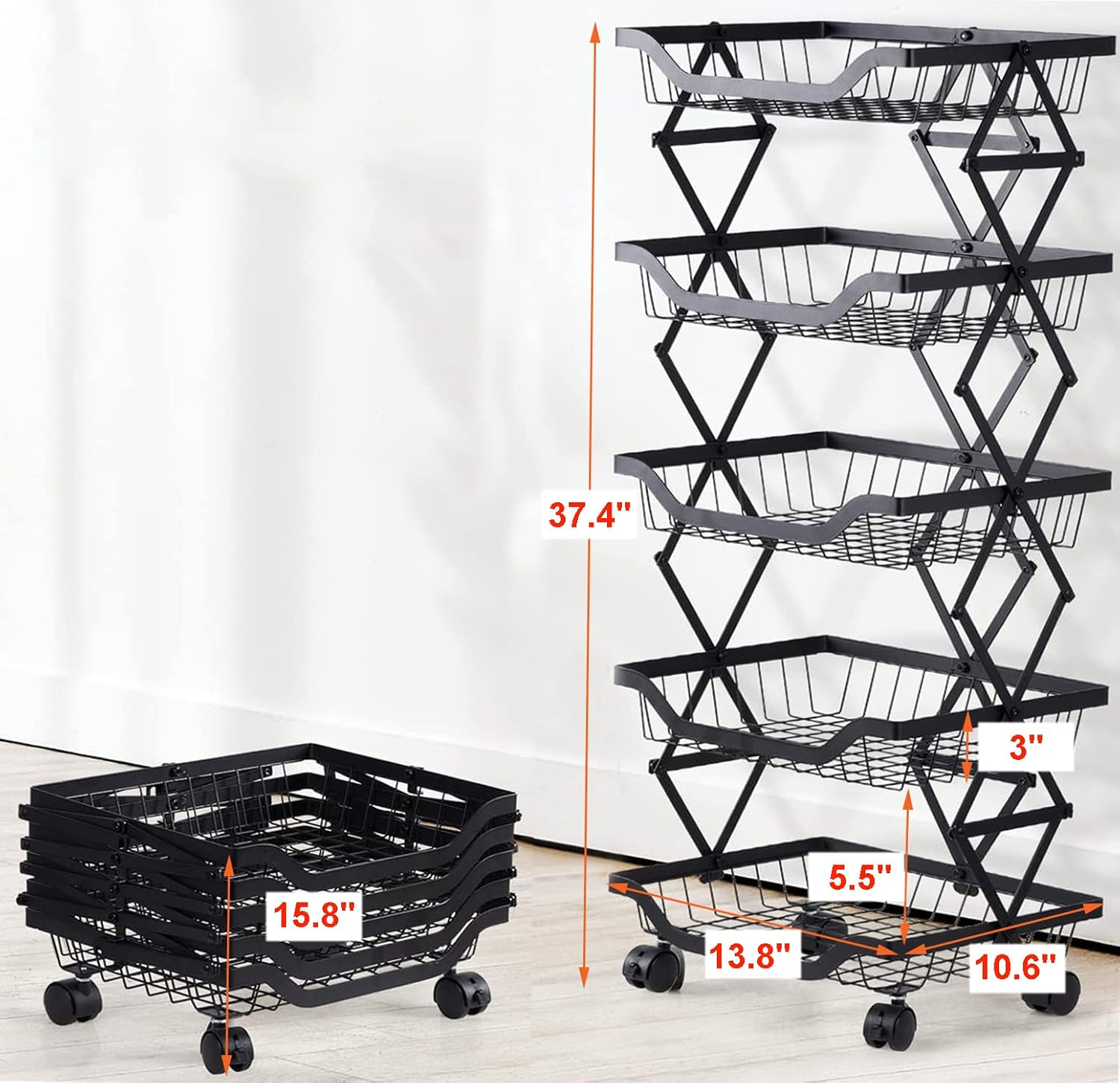 Baskets Rack Kitchen Pantry Storage Organizer Cart No Assembly Need 5 Tiers Foldable Utility Metal Cart Collapsing Fruit Vegetable Baskets Cart with Wheels