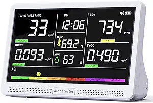 Professional Indoor Air Quality Monitor with 7X AQI Beep Alarms,16 in 1 Portable Real-Time Detector for PM2.5 | PM10 | CO2 | TVOC | HCHO | Temp | Hum for Home Cars Plants Pets