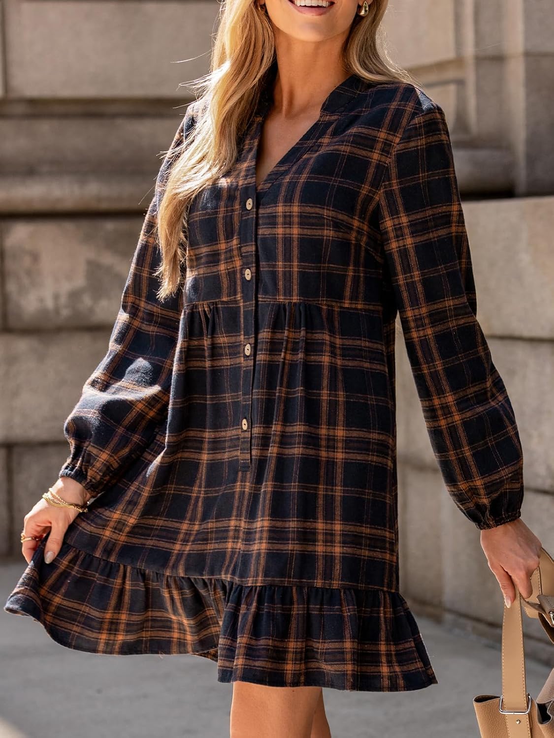 CUPSHE Women Fall Dresses Plaid Ruffle Hem V Neck Long Sleeve Button Holiday Tunic Mini Dress - Image 4