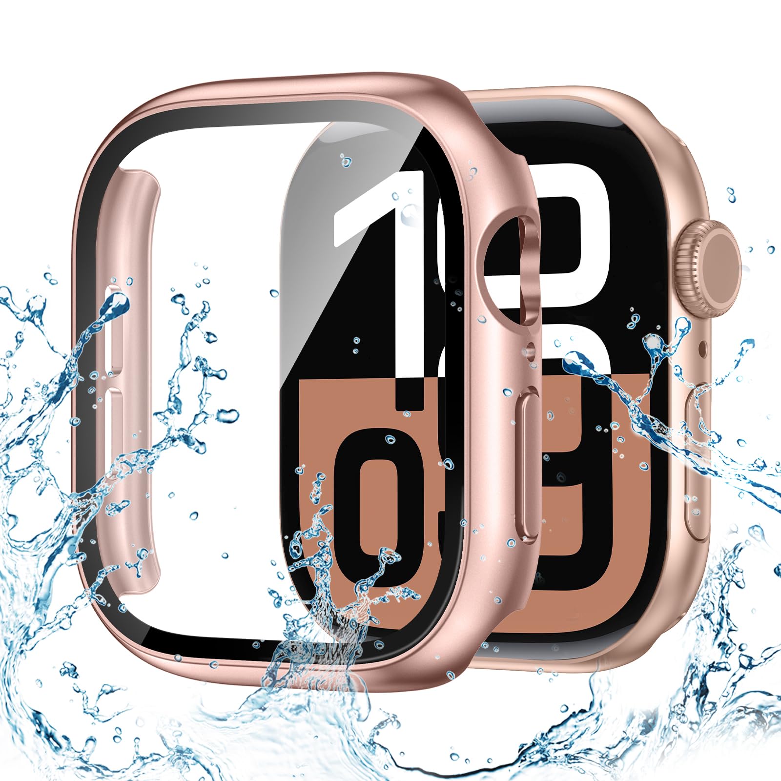 Kamita Wasserdicht Hülle für Apple Watch Serie 11/Serie 10 46mm, Härt PC Bumper Case mit Displayschutz aus Gehärtetem Glas, Stoßfest Voller Körper Schutzhülle Gehäuse für iWatch11/iWatch10 (Roségold)