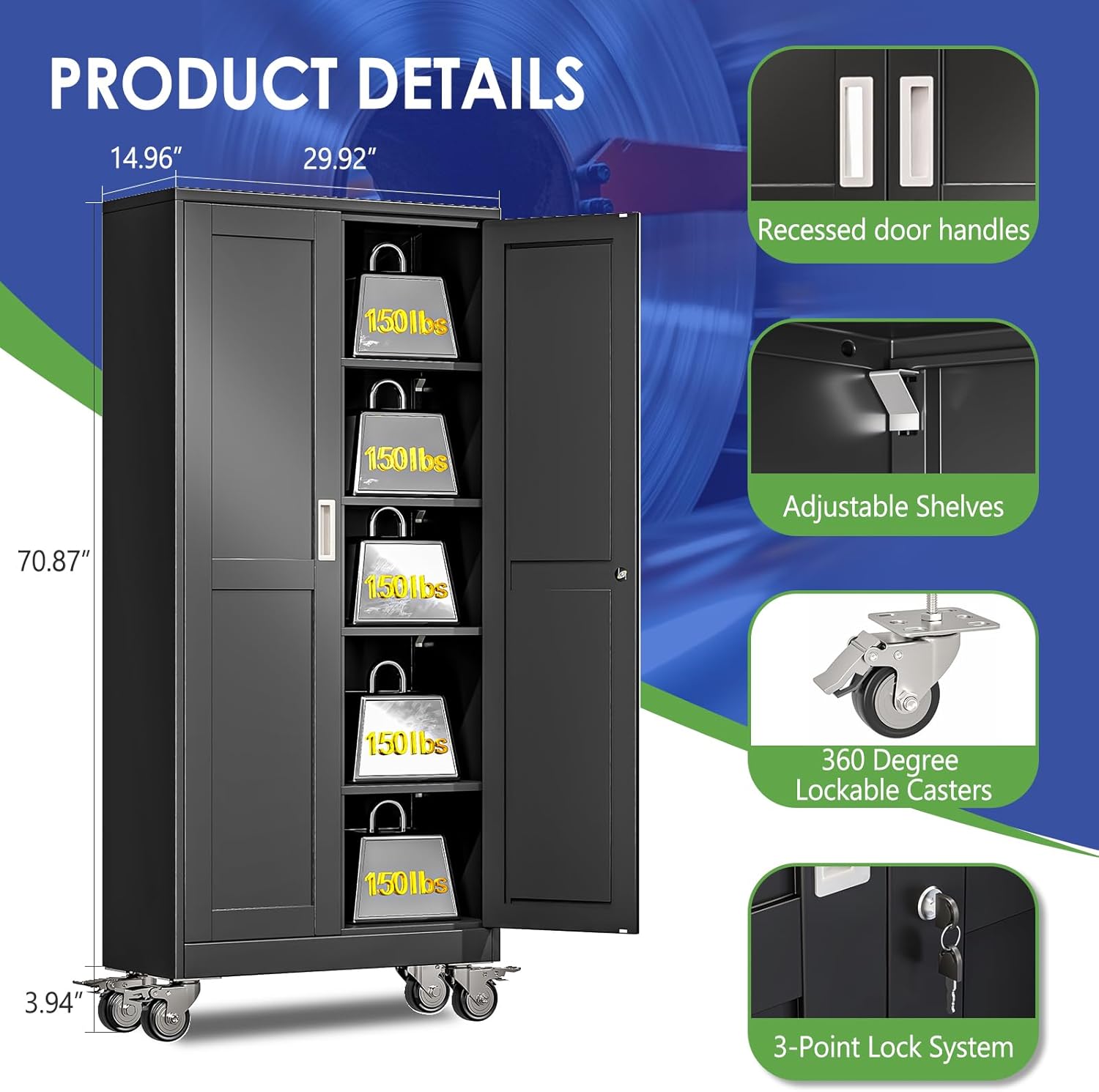 71" Tall Metal Garage Storage Cabinet with Wheels and Locking Doors and Tall Rolling Steel Tool Cabinet with 4 Adjustable Shelves for Garage,Home,Office,Shop (Black)