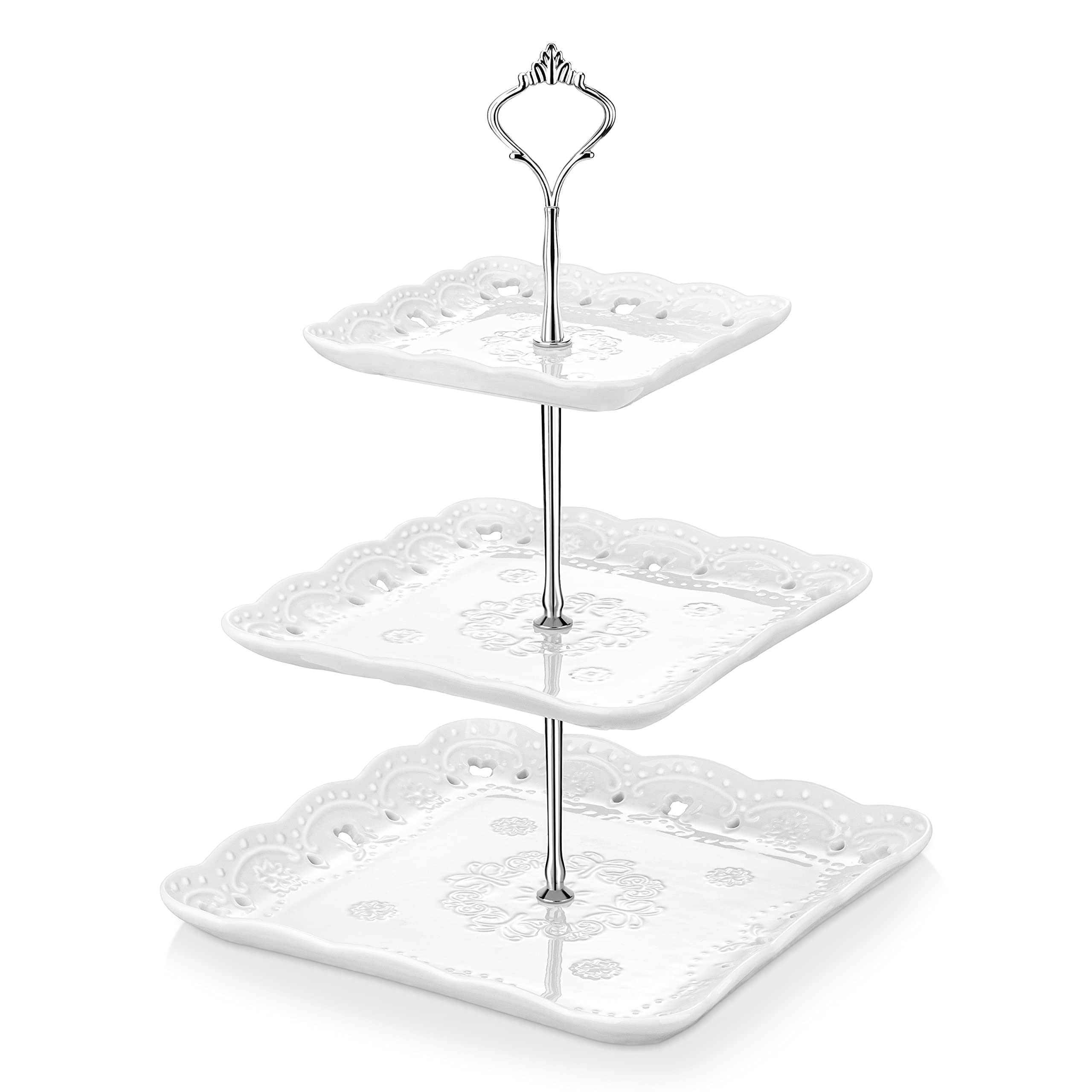 Photo 1 of MALACASA Tiered Cupcake Tower Stand, 3-Tier Porcelain Serving Stand Food Display Stand, Square White Serving Trays for Cupcakes, Dessert, Cookies, Tapas and Cheese, Series Sweet.Time