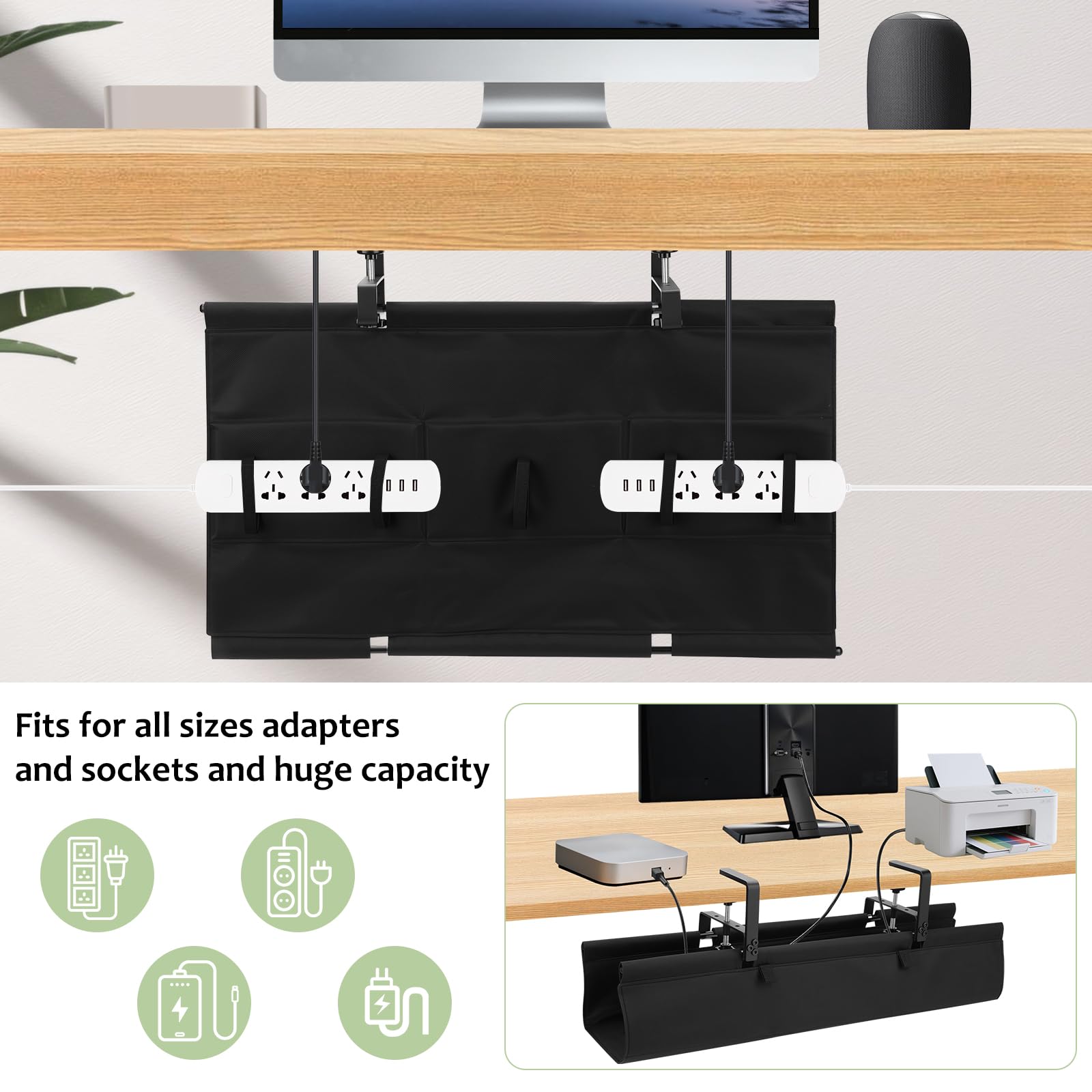 Lot de Cable Management, 90cm Rangement Cable Bureau sous Table Sans Perçage, Passe Cable Bureau Grande Capacité pour La Gestion des Câbles et des Multiprises