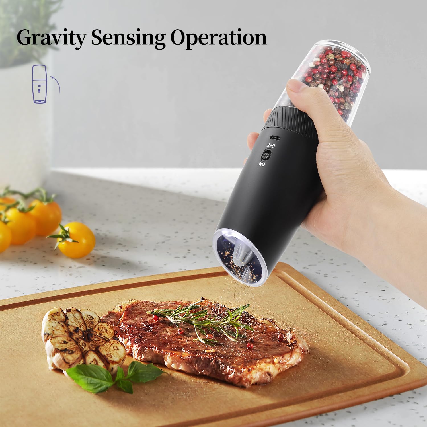 ELMWAY Gravity Rechargeable Salt and Pepper Grinder, Automatic Electric Salt & Pepper Mill with Adjustable Coarseness - Image 3