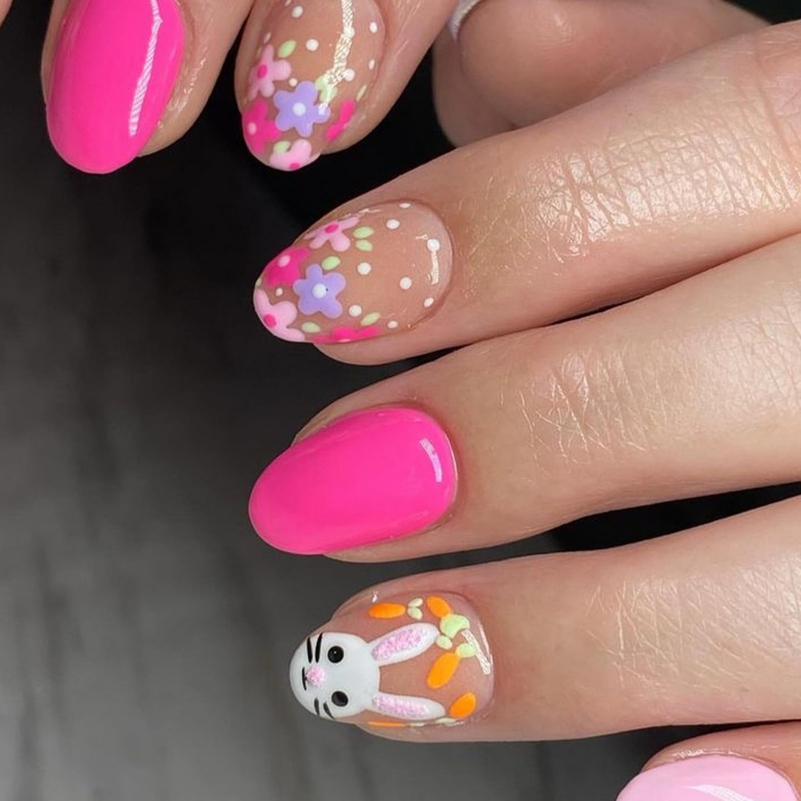 Easter Press on Nails Short Oval SWEKKE Pink Fake Nails False Nails with Designs Cute Bunny Flower Carrot Full Cover Glossy Glue on Nails Spring Stick