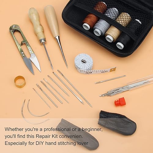 Miniatura 6 de Kit de costura de cuero, herramientas de trabajo de cuero, kit de costura de tapicería de cuero, punzón, agujas de costura de ojo grande, hilo