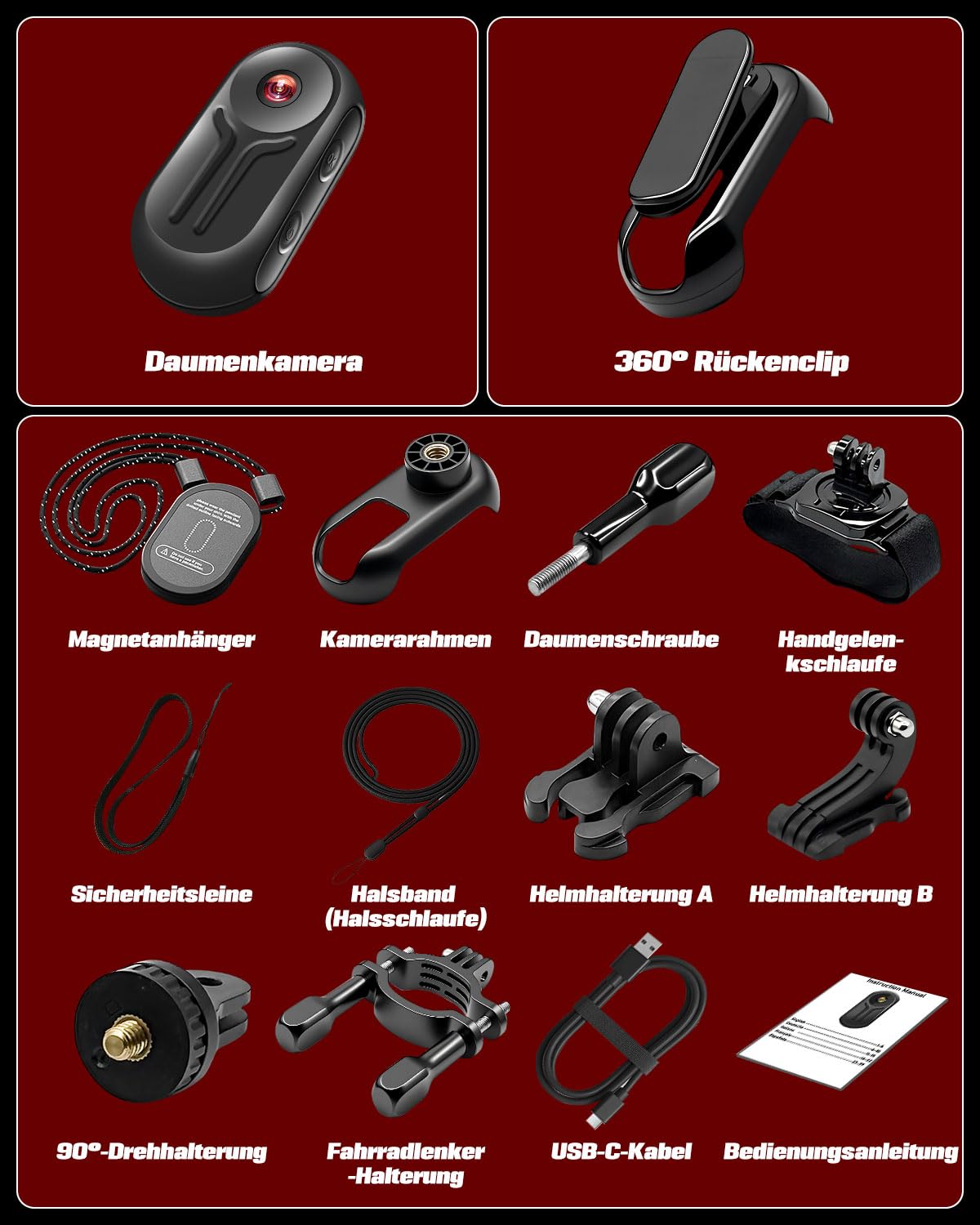 1080P Action Cam mit 0,85-Zoll-Display, BodyCam Körperkamera Mini Magnetisch mit 120° Weitwinkel, 360° Rückenclip, 120-Minuten-Batterie, Ski Kamera, Motorrad Kamera, Helmkamera