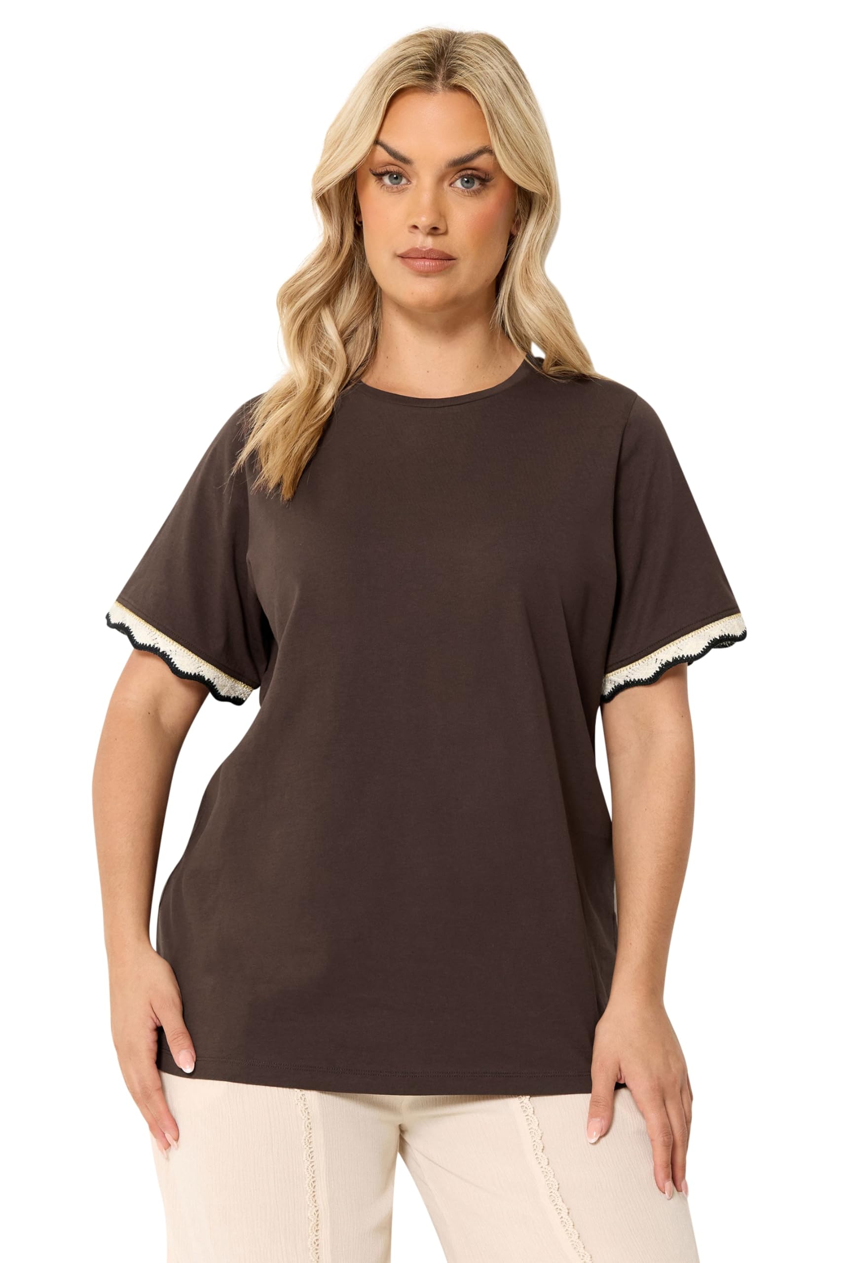 Yours Curve Brown Metallic Crochet Trim T-Shirt - Women's - Plus Size Curve