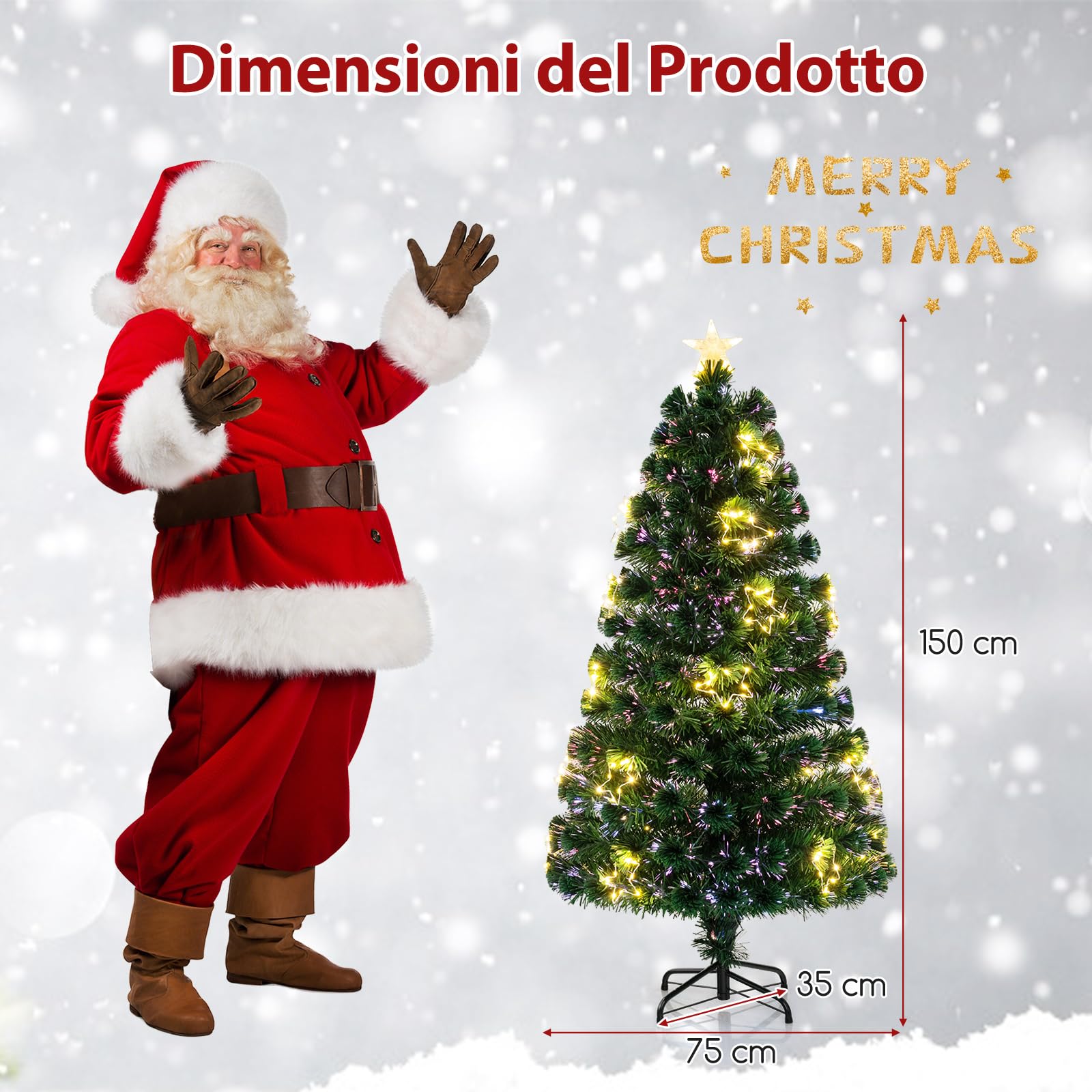 COSTWAY Albero di Natale in Fibra Ottica 120/150/180 cm, Albero di Natale Artificiale Pre-illuminato con 18/24/36 Luci a Stringa, Stella sulla Cima e 130/170/230 Punte dei Rami (150 CM)