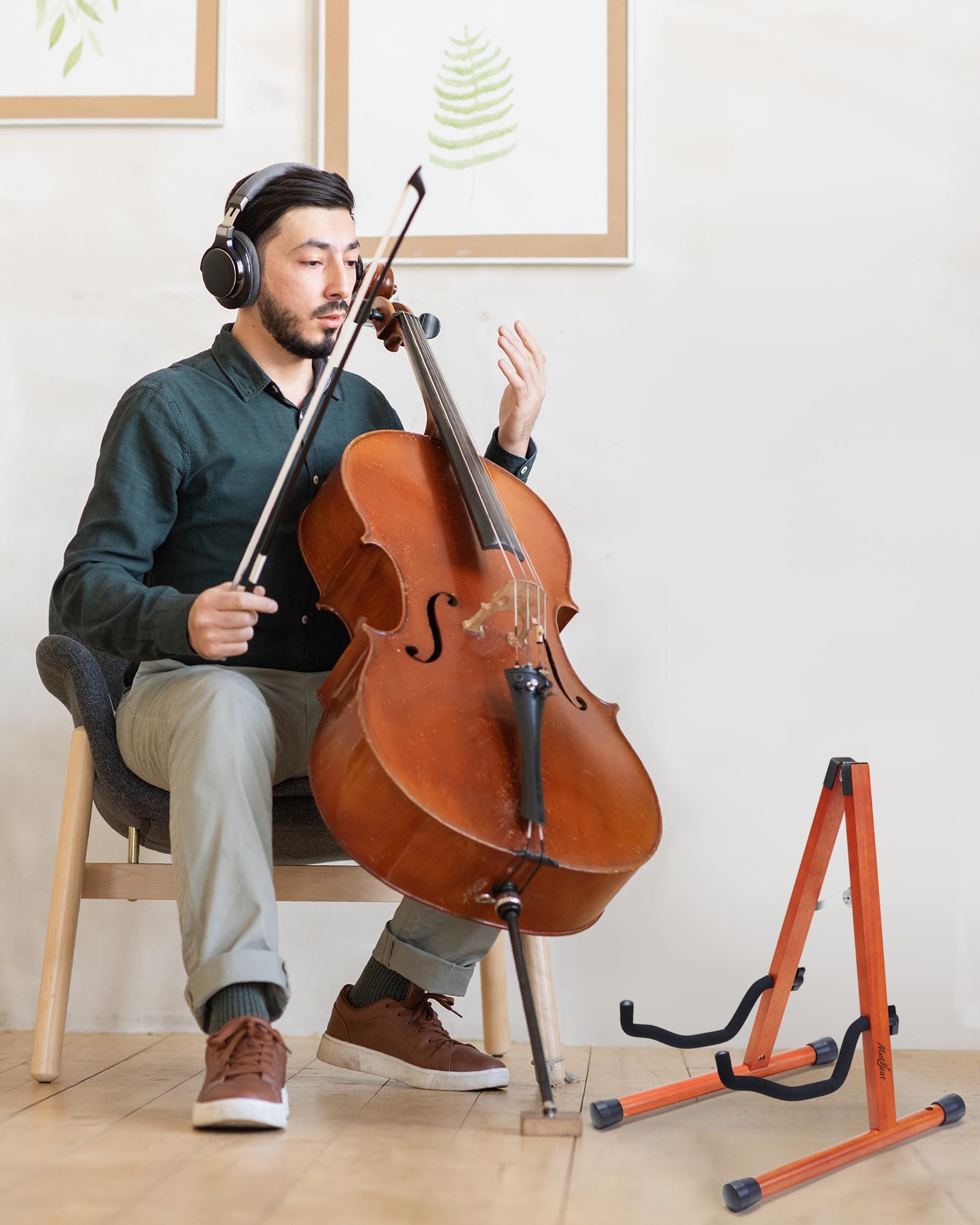 Musbeat Cello Stand with Bow Holder, Mahogany Wooden A-Frame Floor Stand with Padded Foam, Handcrafted Cello Rack Fits 1/2 - Image 2