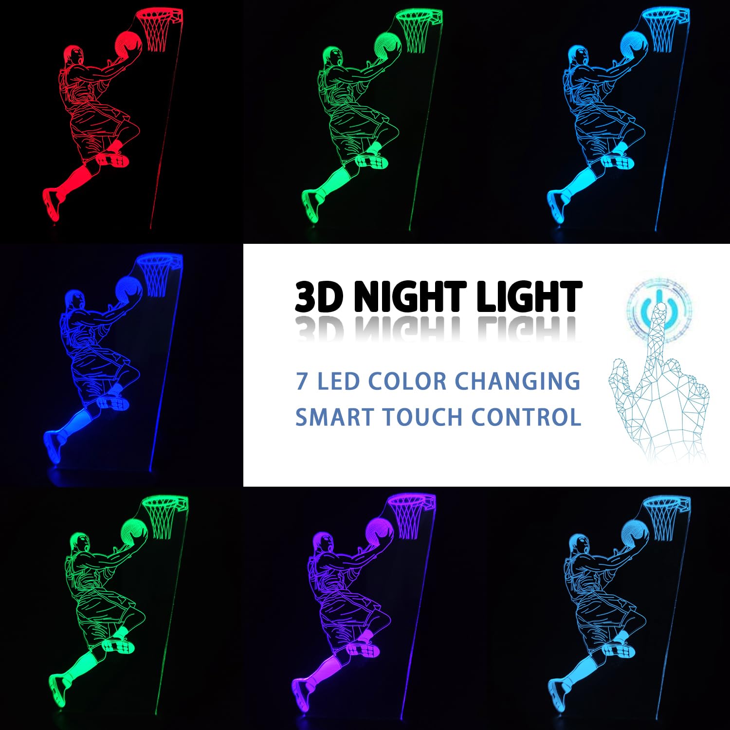 AIRUEEK Luce Notturna da Basket per Bambini, Lampada da Illusione 3D LED, Telecomando 16 Cambia Colore Dimmerabile, Regali Ragazzi Arredamento Camera da Letto, in ABS