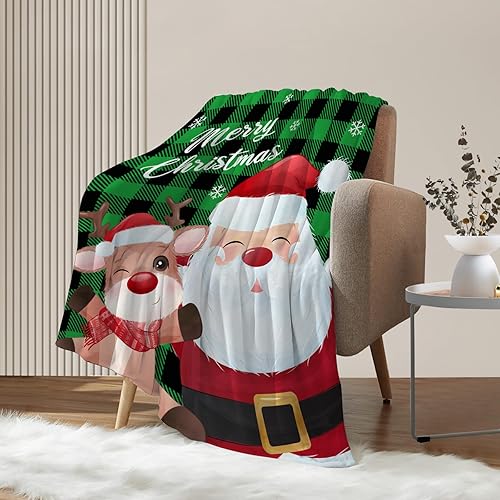 Miniatura 4 de Neatee Living Manta de Navidad a cuadros verdes, manta de Navidad con reno de Papá Noel, manta de invierno para vacaciones, sofá, cama, decorativa,