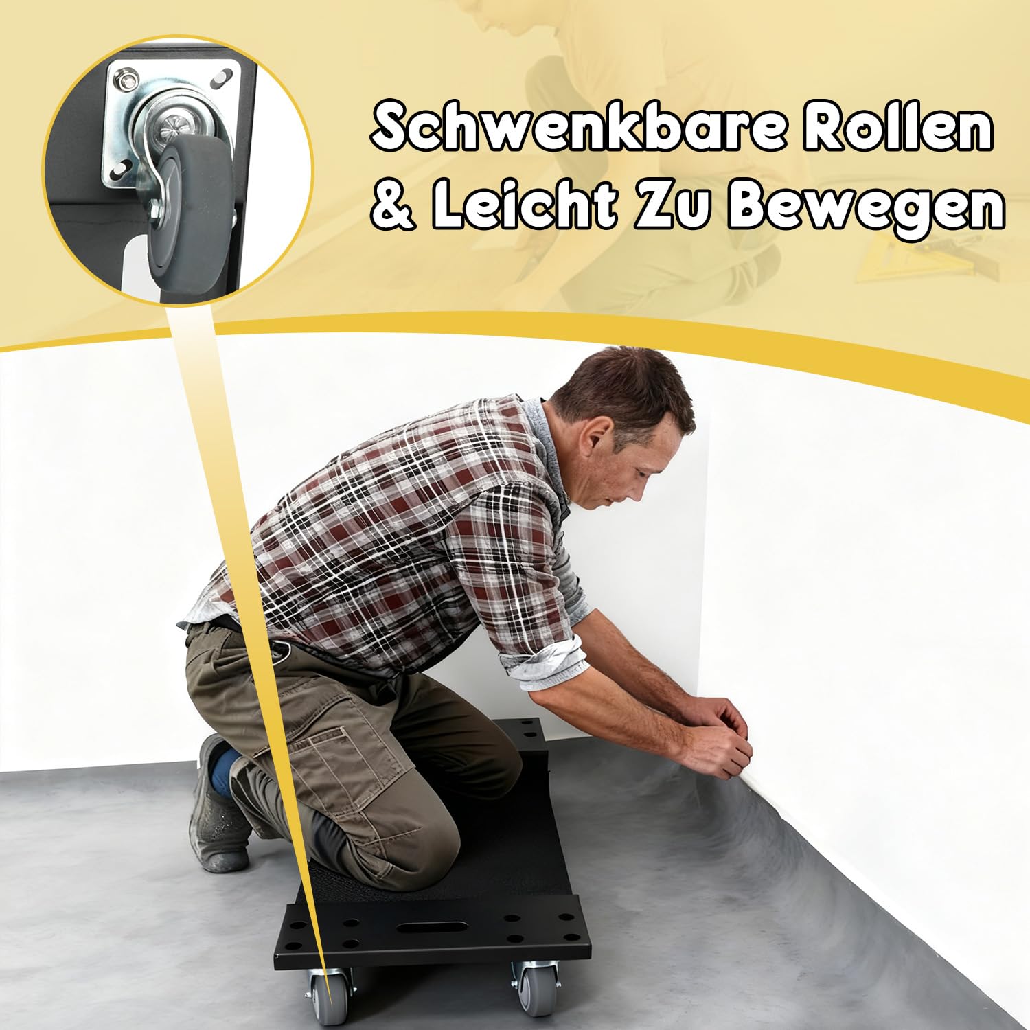 Metall Kniepolster mit Rollen, schwarzer Knieroller für Bodenarbeiten, idealer Baubegleiter für Profis und Heimwerker: Fliesenlegen, Bodenbeläge, Malerarbeiten - mühelos und arbeitssparend