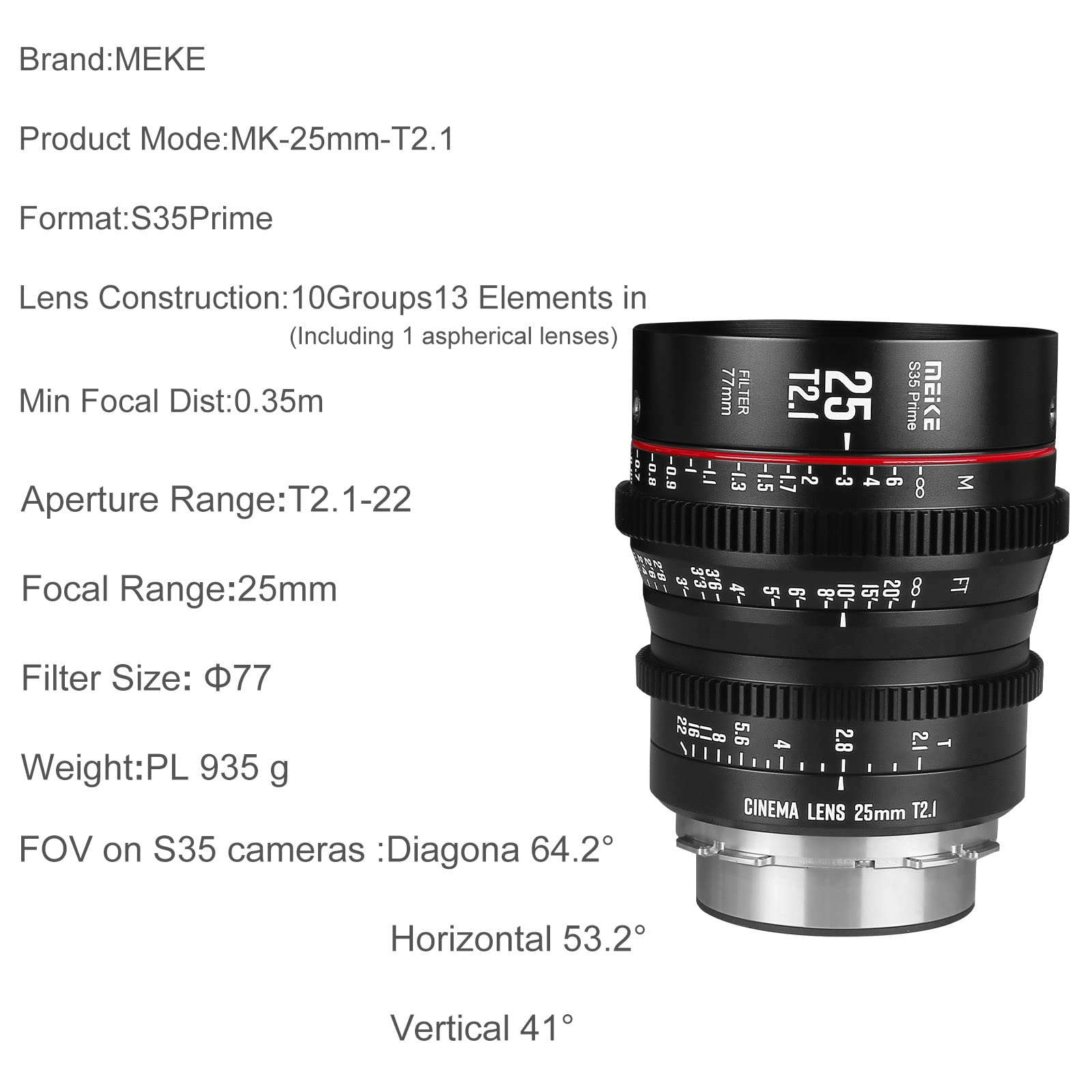 レンズ(単焦点) Meike 25mm T2.1 Cinema Lens S35 Prime 平行輸入品】Meike 25mm T2.1 S35 マニュアルフォーカス 広角プライム