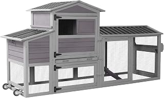 Mobile Chicken Coop with Wheels for 4-6 Chickens, Large Wooden Hen House Expandable Duck Cage with Run, 2 Nesting Boxes, Easy Clean Pull-Out Tray, Waterproof Asphalt Roof (Grey)