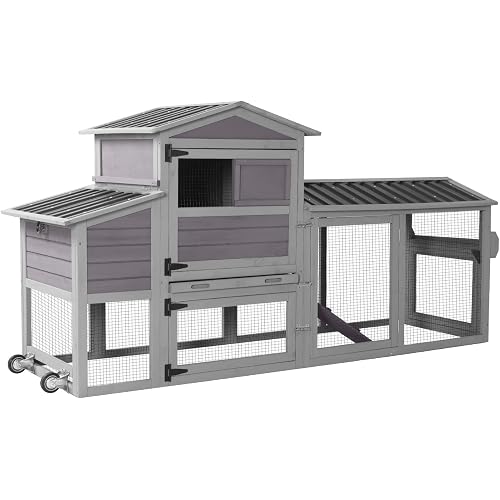 Mobile Chicken Coop with Wheels for 4-6 Chickens, Large Wooden Hen House Expandable Duck Cage with Run, 2 Nesting Boxes, Easy Clean Pull-Out Tray, Waterproof Asphalt Roof (Grey)