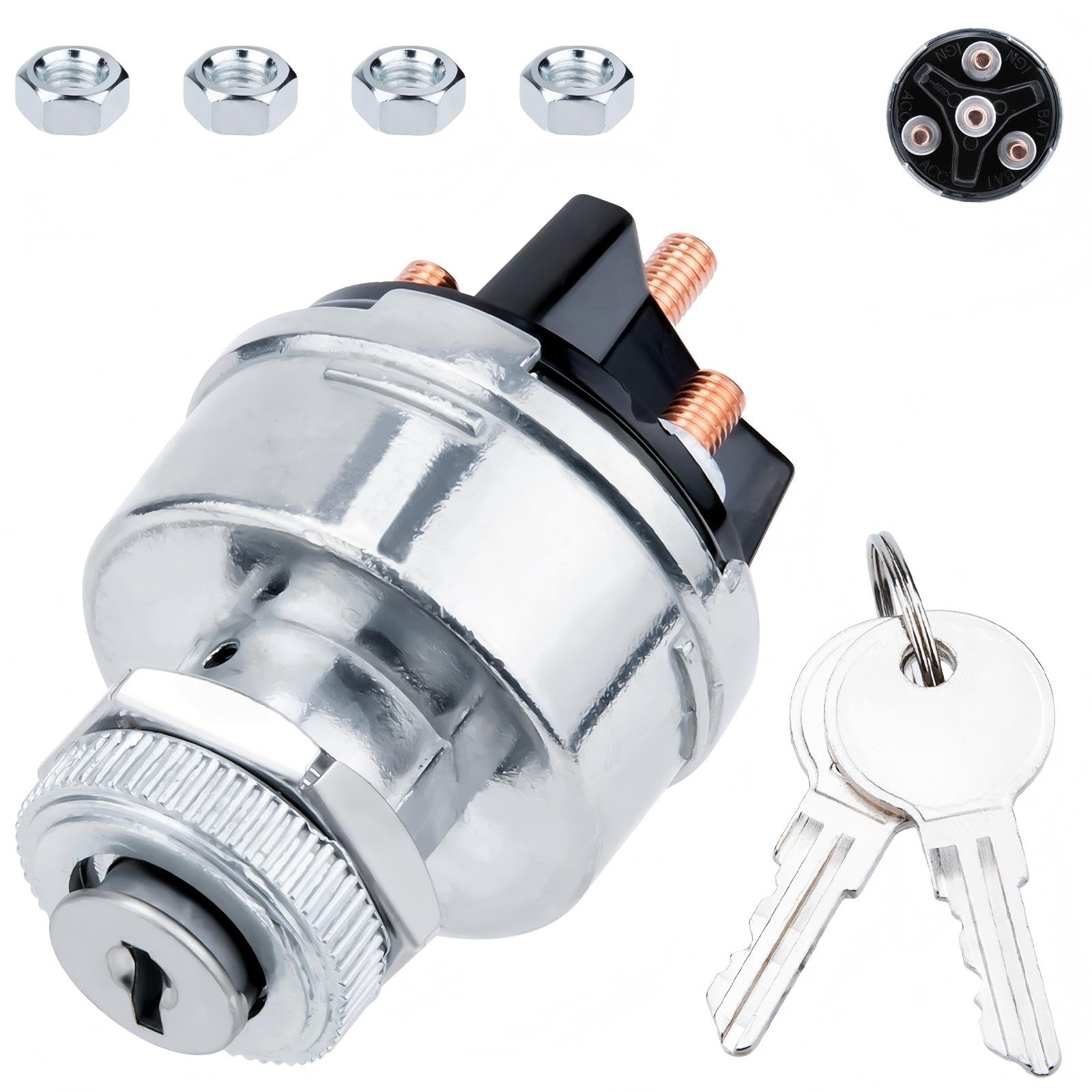 Ignition Switch with Key, Universal Ignition Key Switch, 12V 4 Position | Starter Key Ignition Switch, Fits Most Car, Truck, Tractor, Trailer, Forklift, and More, Acc/Off/IGN/Start 4 Terminal