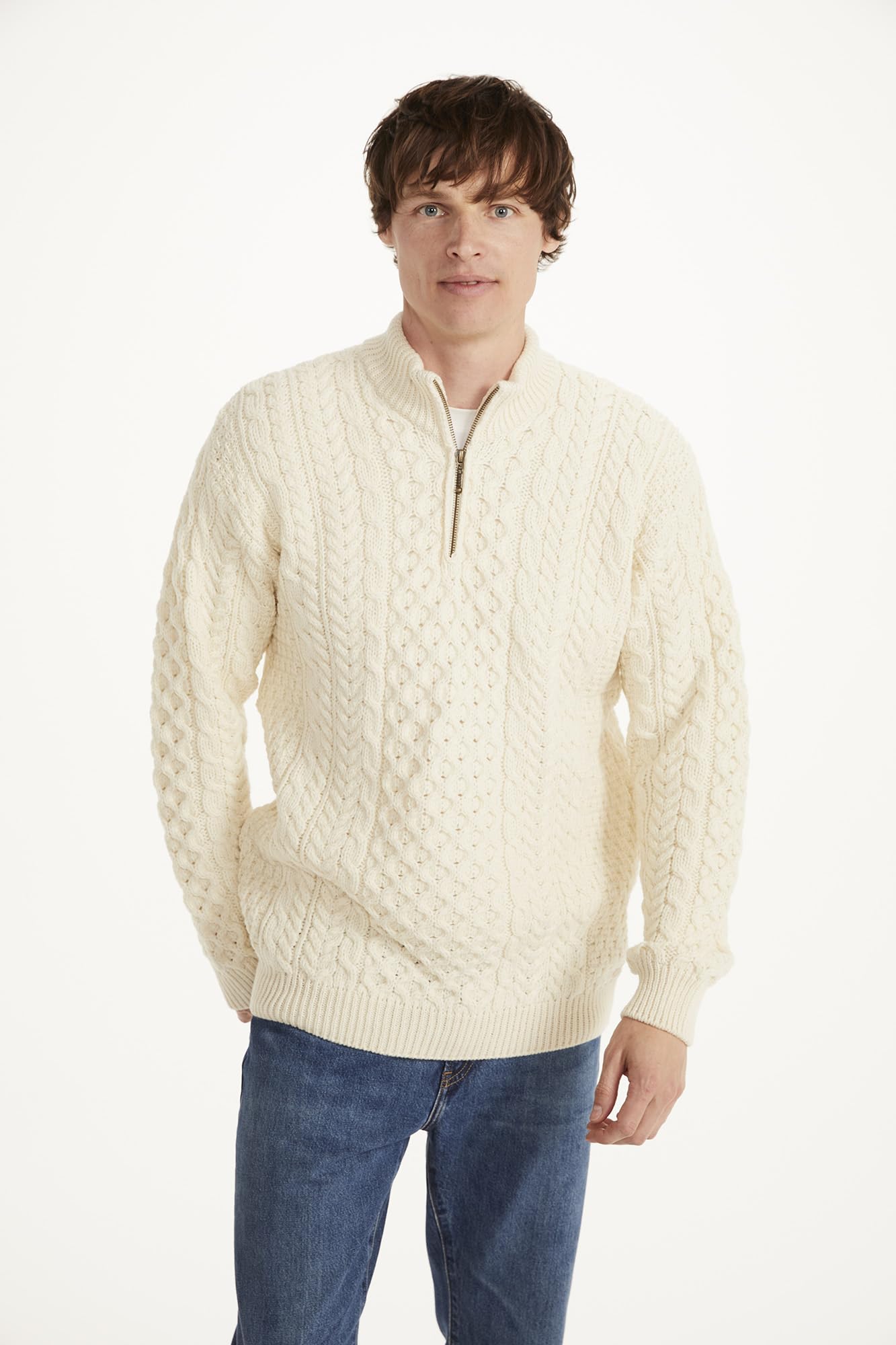 Maglione con Mezza Zip Irlandese Aran in Lana Merino da Uomo