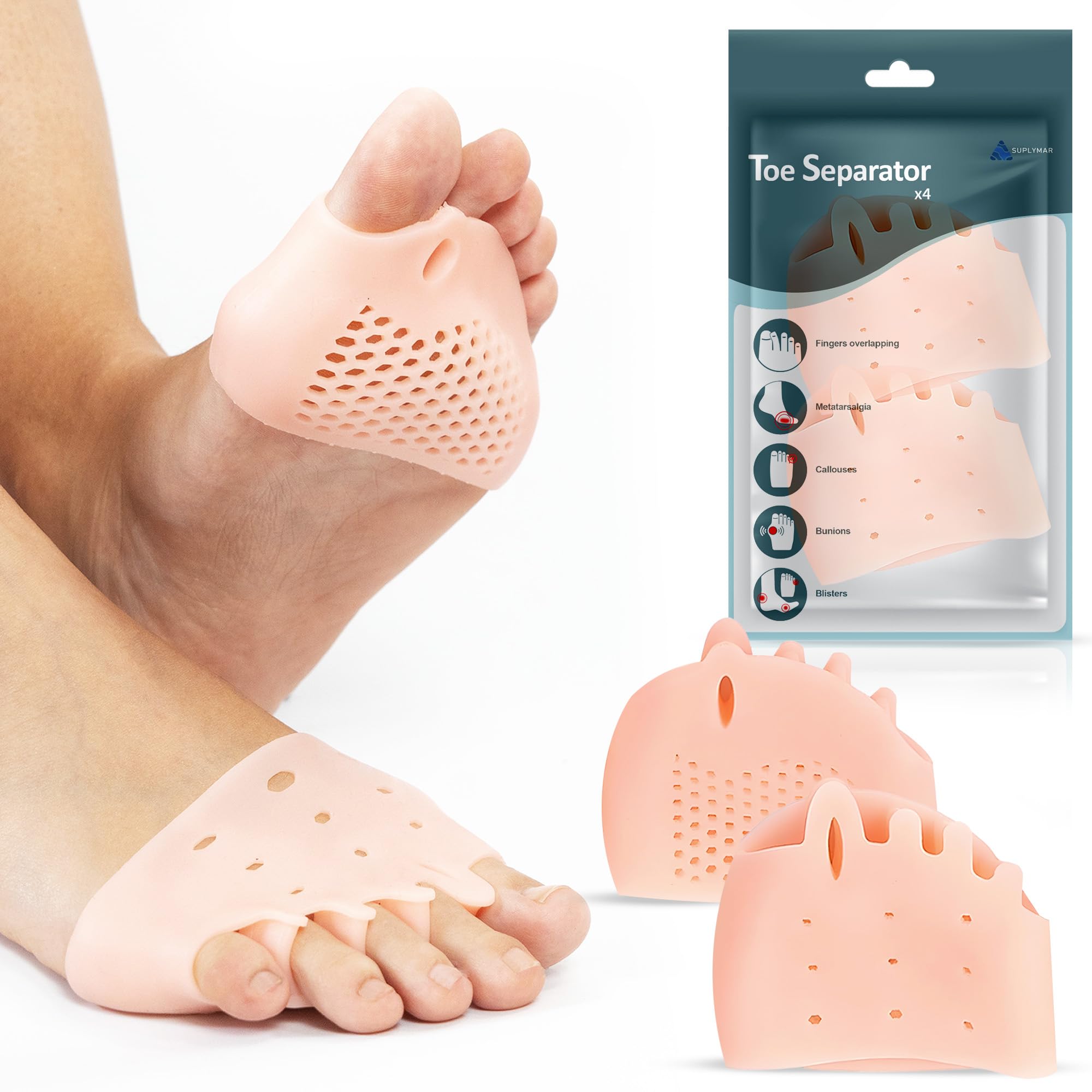 SUPLYMAR Separador Dedos Pie de Silicona con Corrector de Juanetes, Adecuado para Utilizar Dentro de Calcetines y Todo Tipo de Calzado. Almohadillas para Pies de Gel, Alivio del Dolor Metatarsiano.