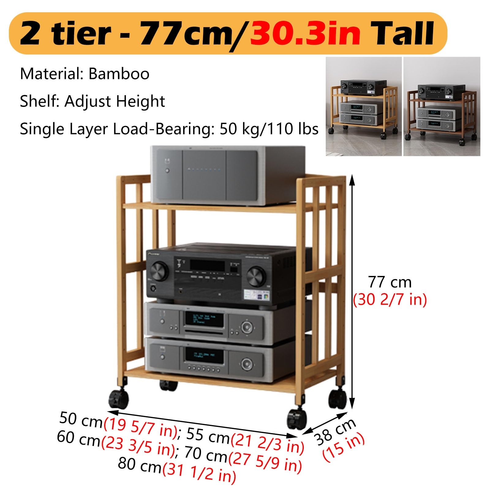 WoodenRack on Wheels 4-poziomowy stojak audio na głośniki, odtwarzacze DVD i sprzęt kina domowego, stylowe rozwiązanie do przechowywania dla miłośników muzyki i audiofilów