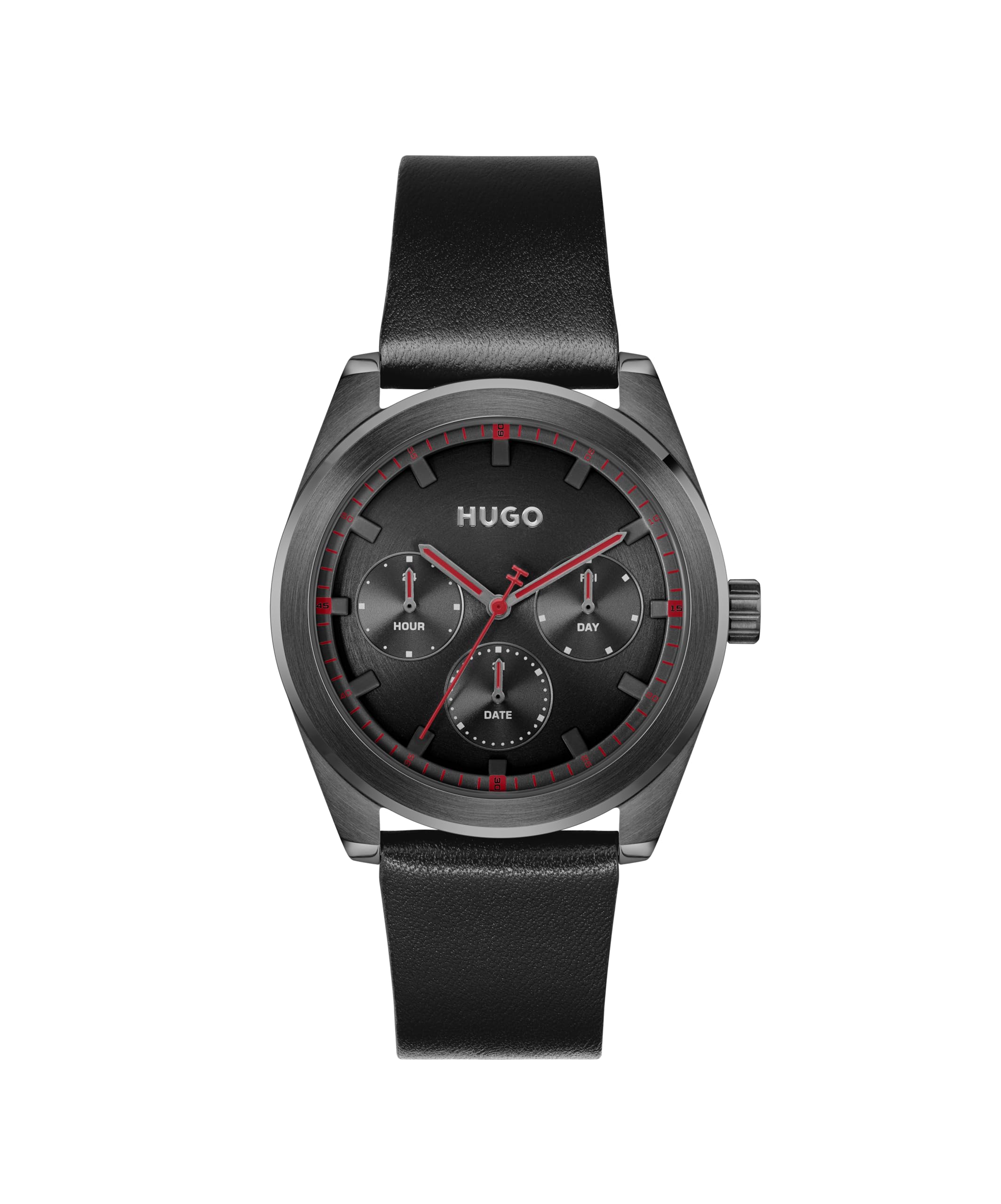 HUGO Analogue Multifunction Quartz Watch for Men #Bright Sport Collection with Black Leather Strap - 1530423